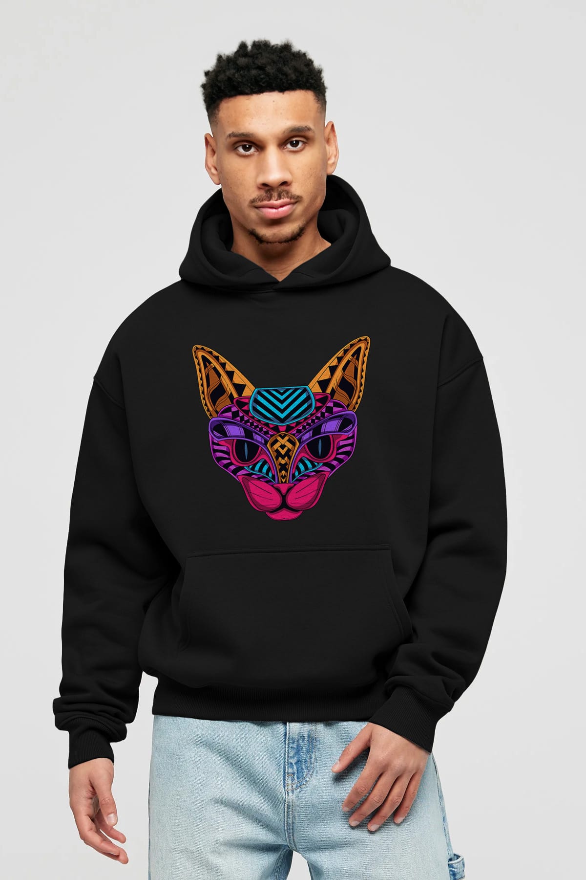 Black Neon Cat Ön Baskılı Oversize Hoodie Kapüşonlu Sweatshirt Erkek Kadın Unisex