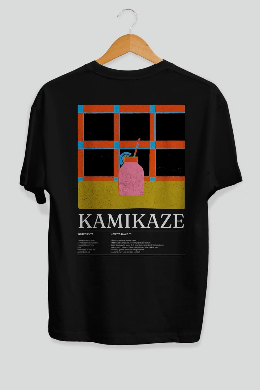 Kamikaze Kokteyl Serisi Arka Baskılı Oversize t-shirt Erkek Kadın %100 Pamuk Bisiklet Yaka tişort