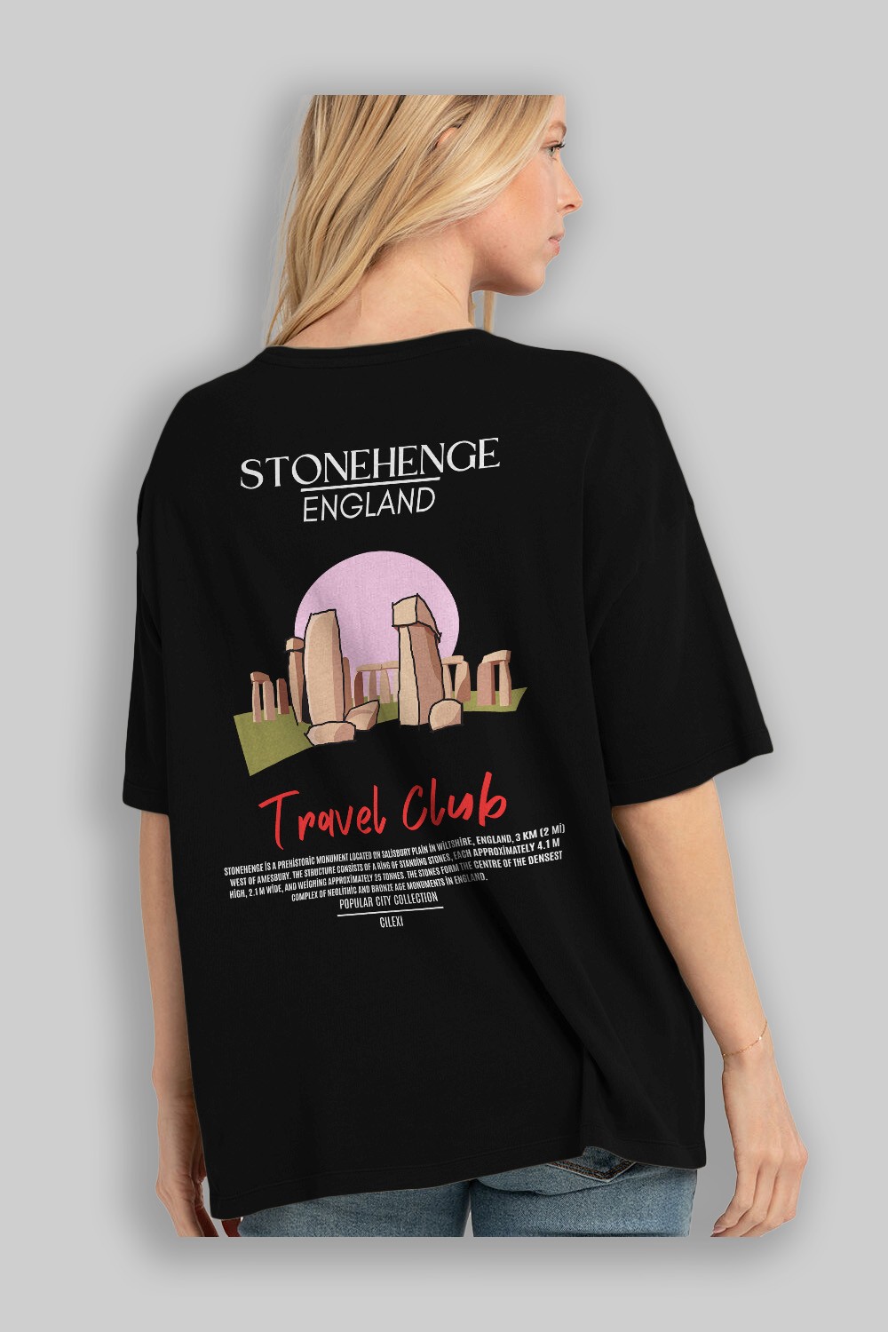 Stonehenge England Arka Baskılı Oversize t-shirt Erkek Kadın Pamuk Bisiklet Yaka tişort