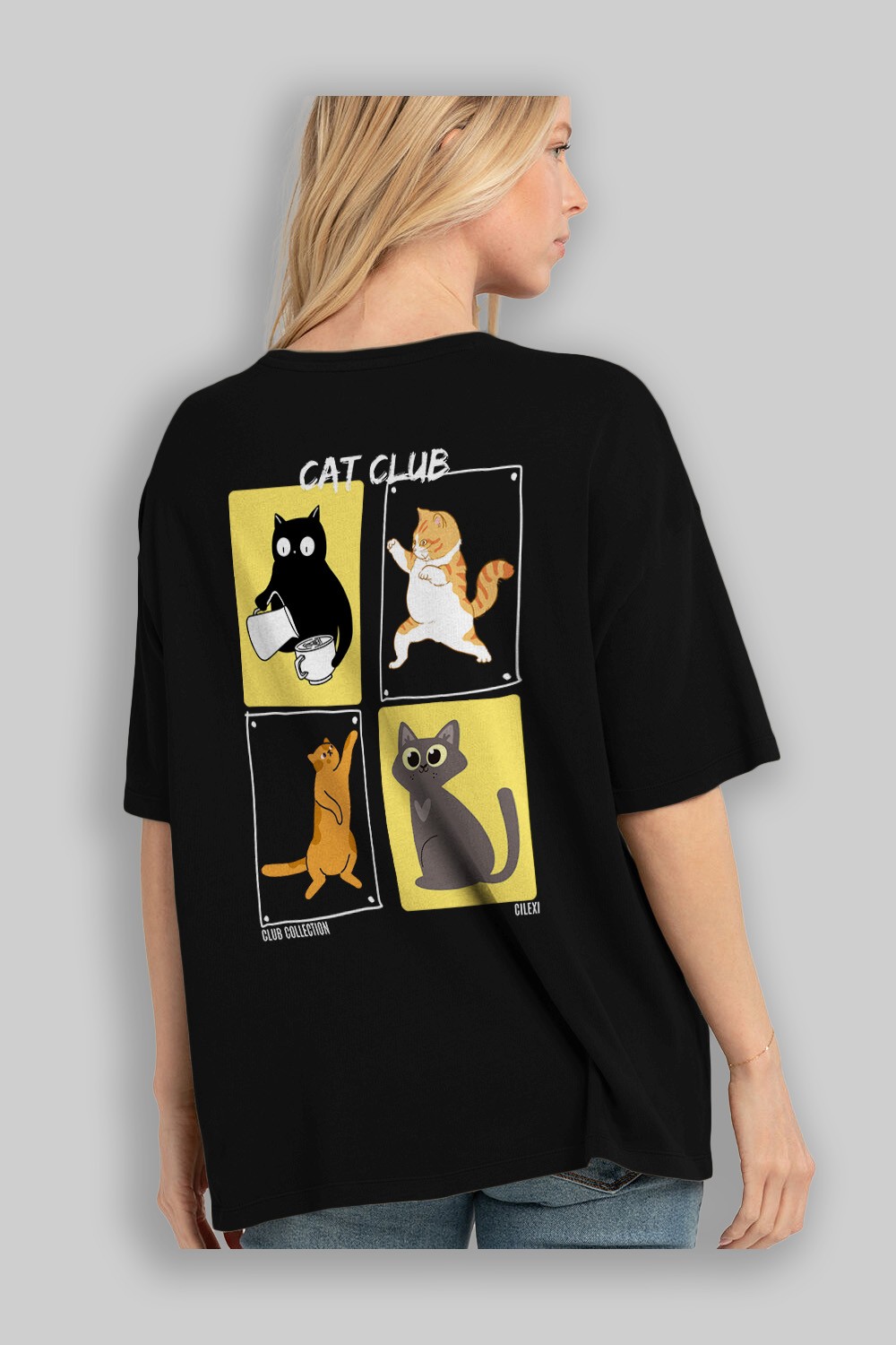 Cat Club Arka Baskılı Oversize t-shirt Erkek Kadın %100 Pamuk Bisiklet Yaka tişort