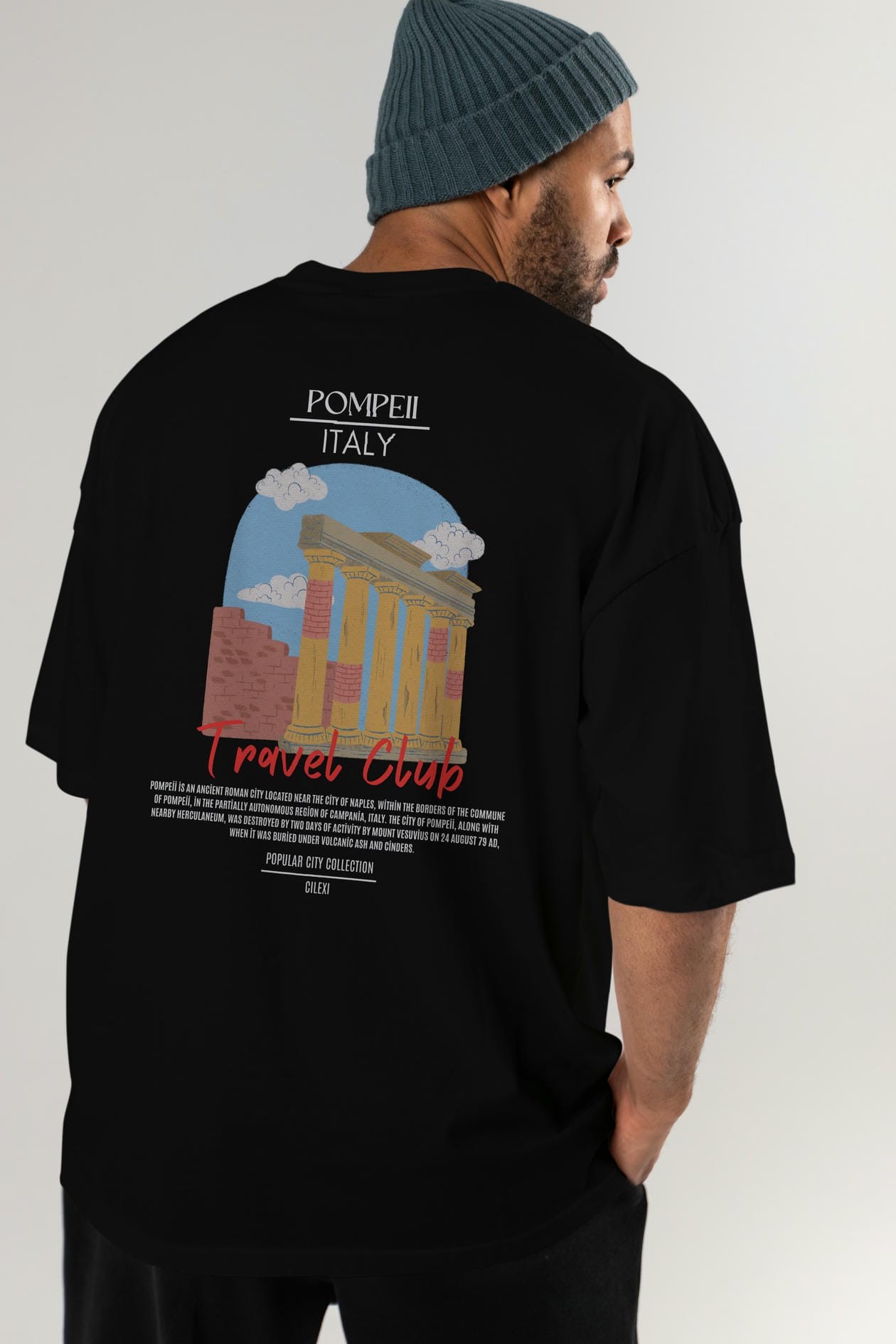 Pompeii İtaly Arka Baskılı Oversize t-shirt Erkek Kadın Pamuk Bisiklet Yaka tişort