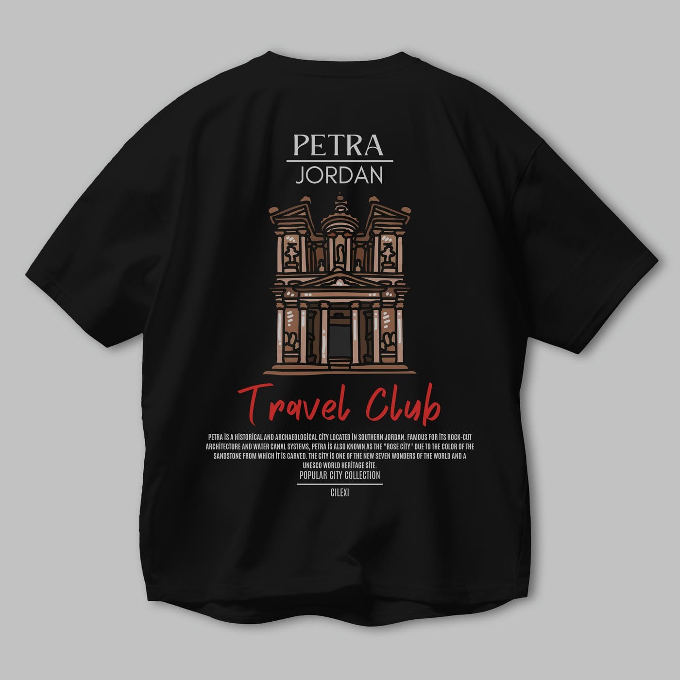 Petra Jordan Arka Baskılı Oversize t-shirt Erkek Kadın Pamuk Bisiklet Yaka tişort