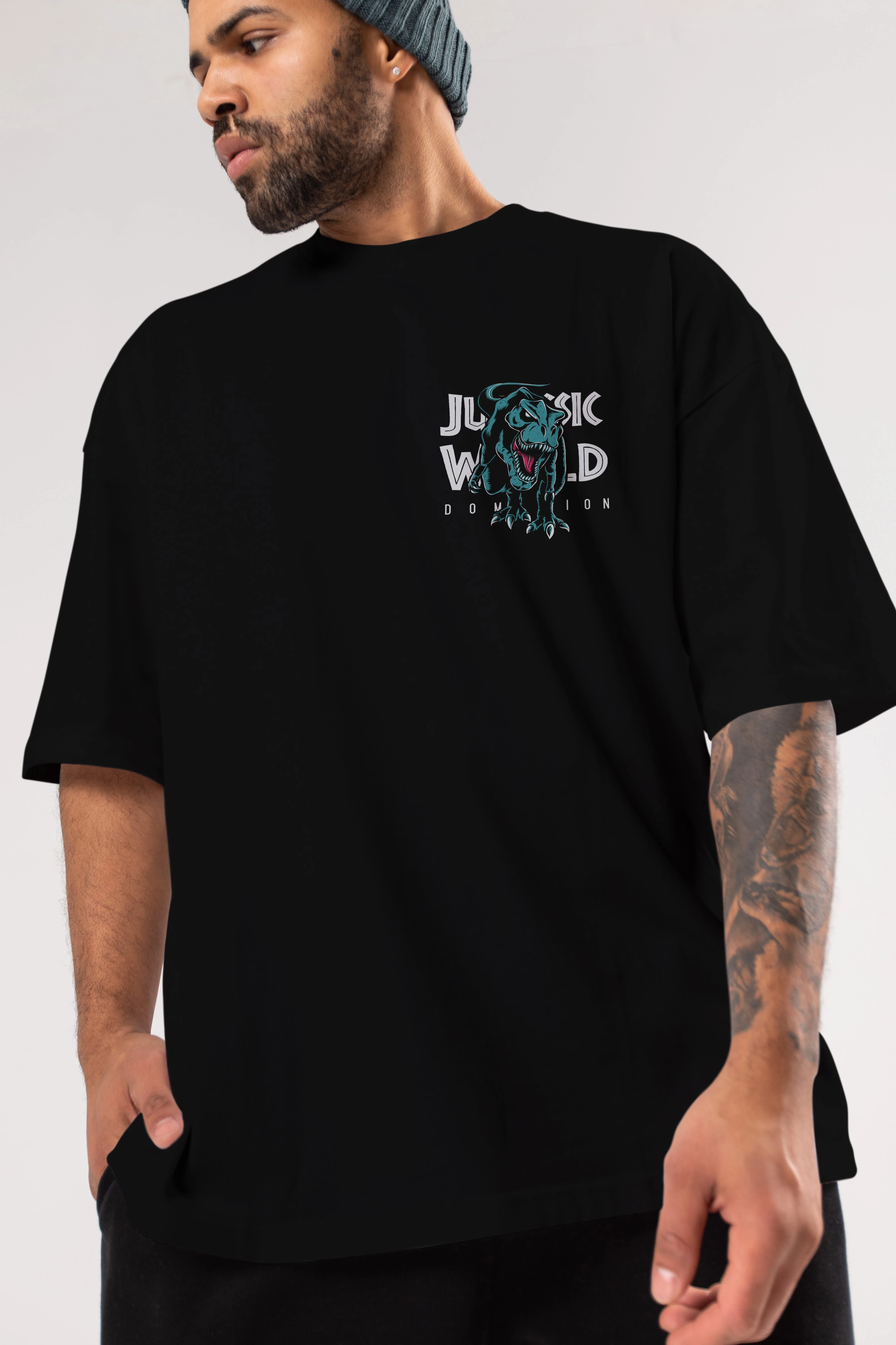 Jurassic Park (1) Ön Sol Baskılı Oversize t-shirt Erkek Kadın Unisex %100 Pamuk Bisiklet Yaka tişort