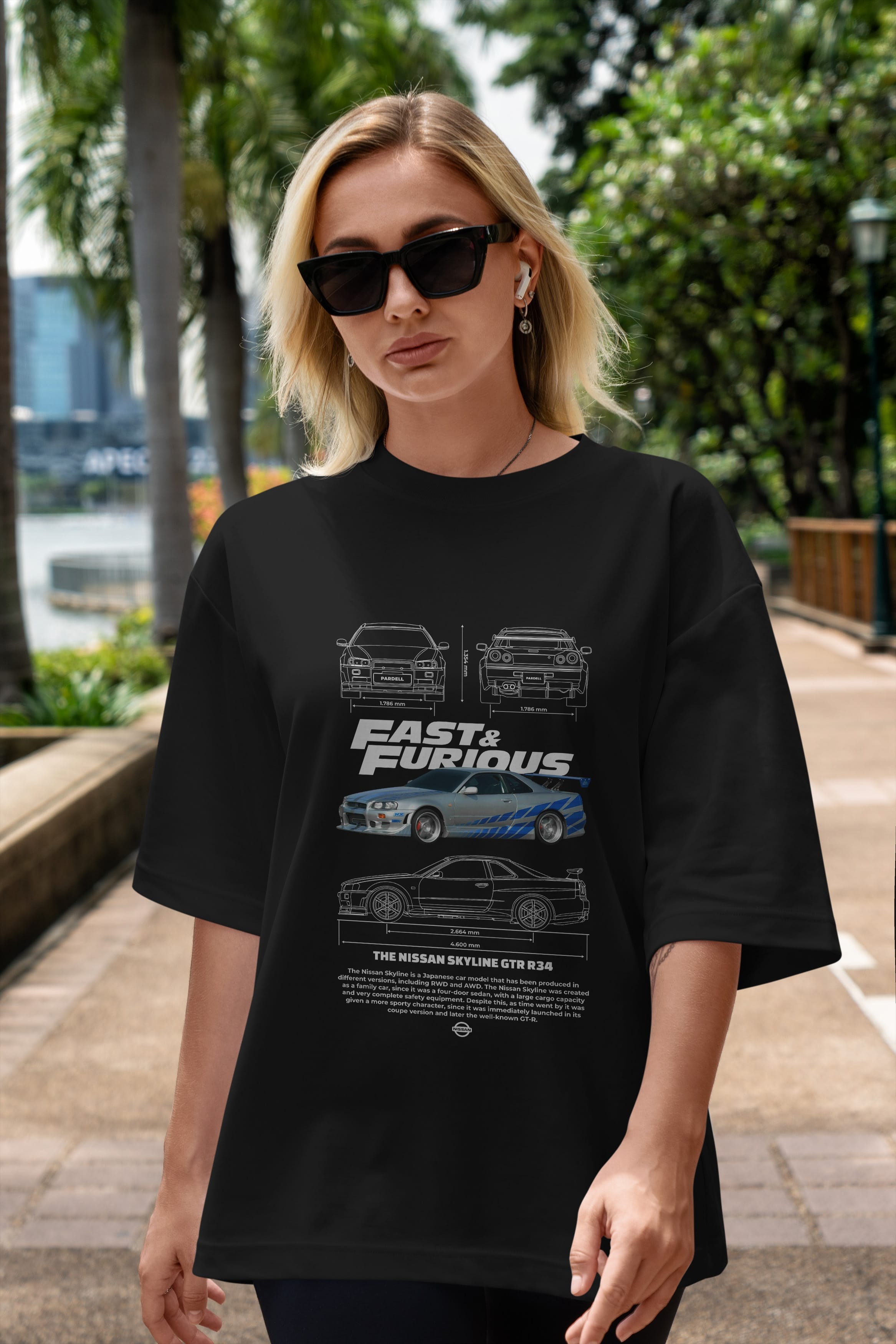 NISSAN SKYLINE R34 FAST AND FURIOUS Ön Baskılı Oversize t-shirt Erkek Kadın Unisex %100 Pamuk Bisiklet Yaka tişort