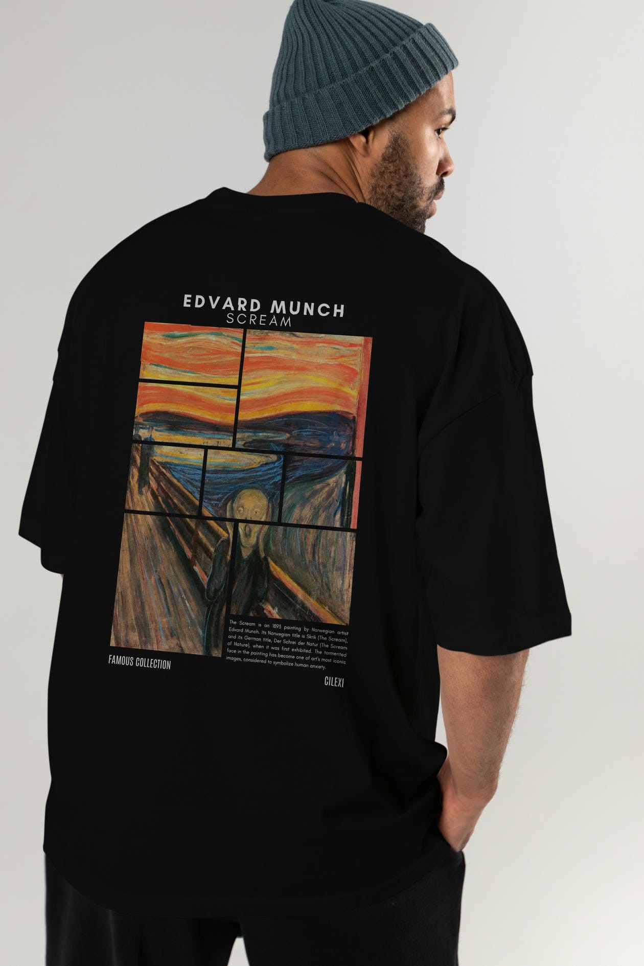 Edvard Munch Scream Arka Baskılı Oversize t-shirt Erkek Kadın Bisiklet Yaka Pamuk tişort