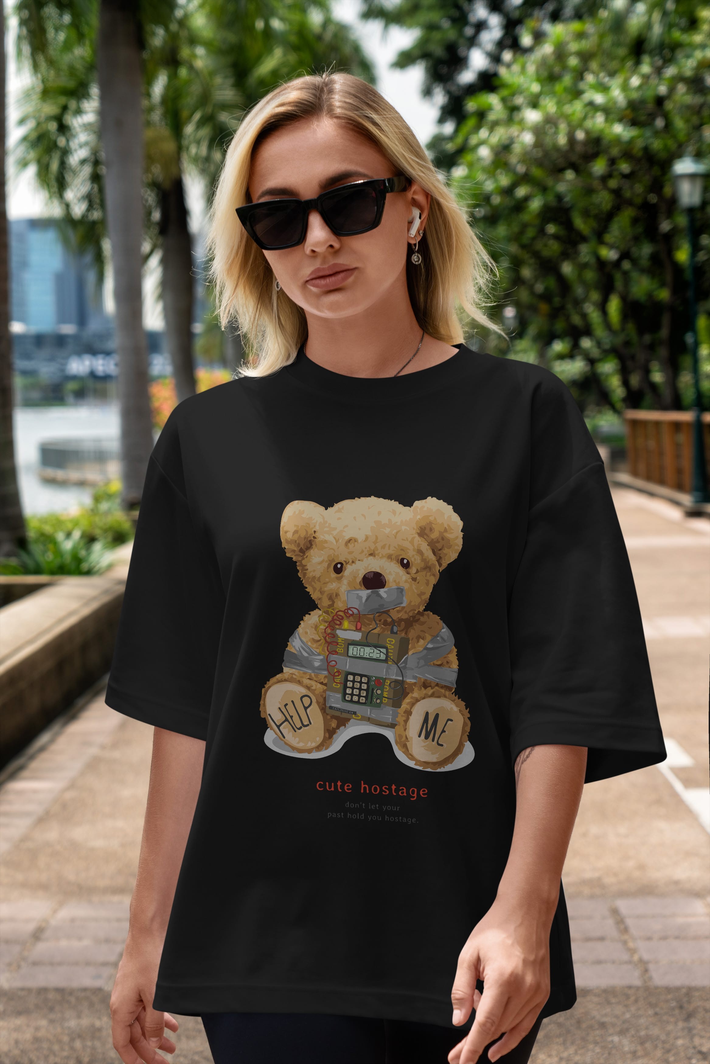 Teddy Bear Help Me Ön Baskılı Oversize t-shirt Erkek Kadın Unisex %100 Pamuk
