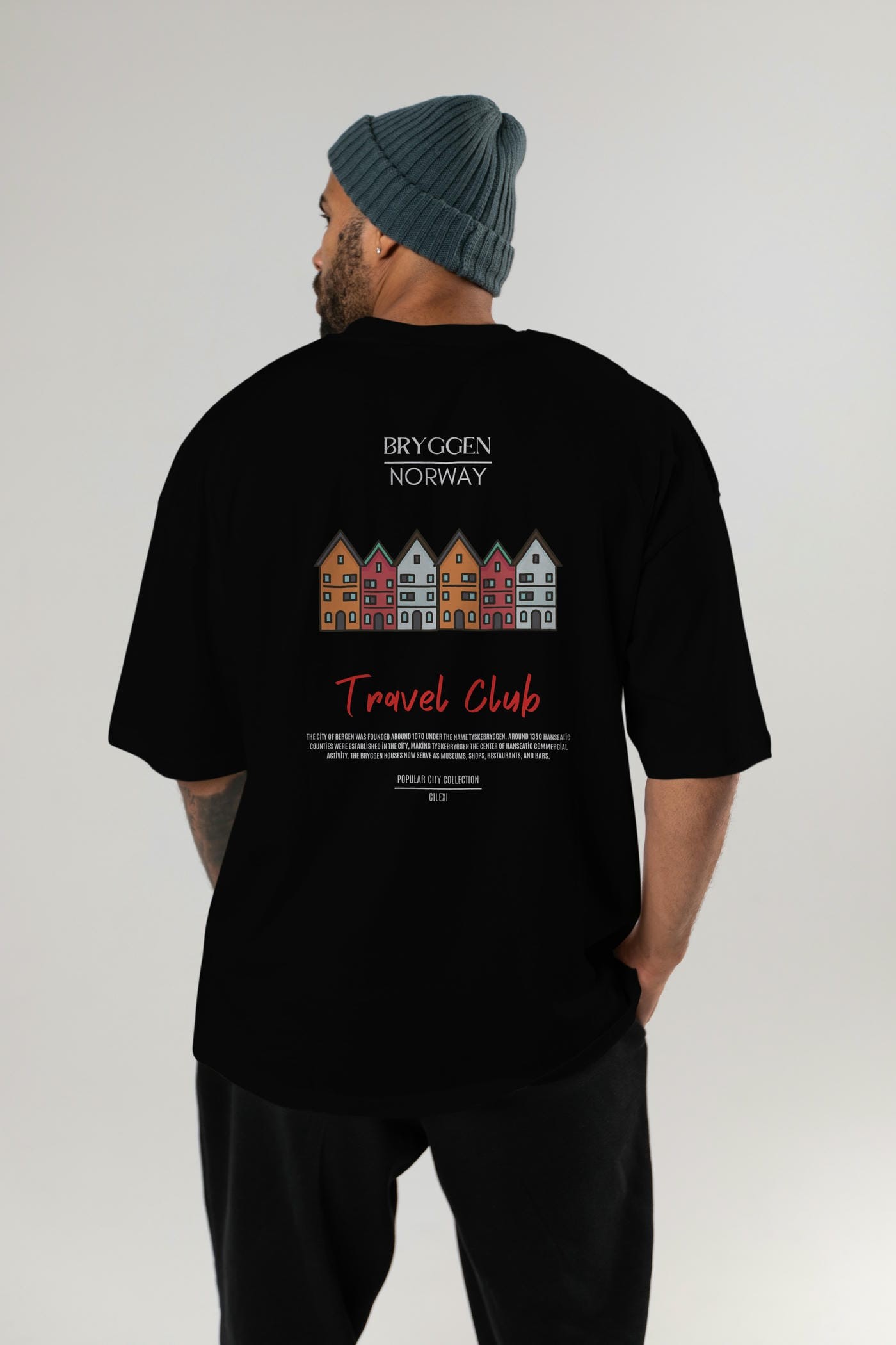 Bryggen Norway Arka Baskılı Oversize t-shirt Erkek Kadın Pamuk Bisiklet Yaka tişort