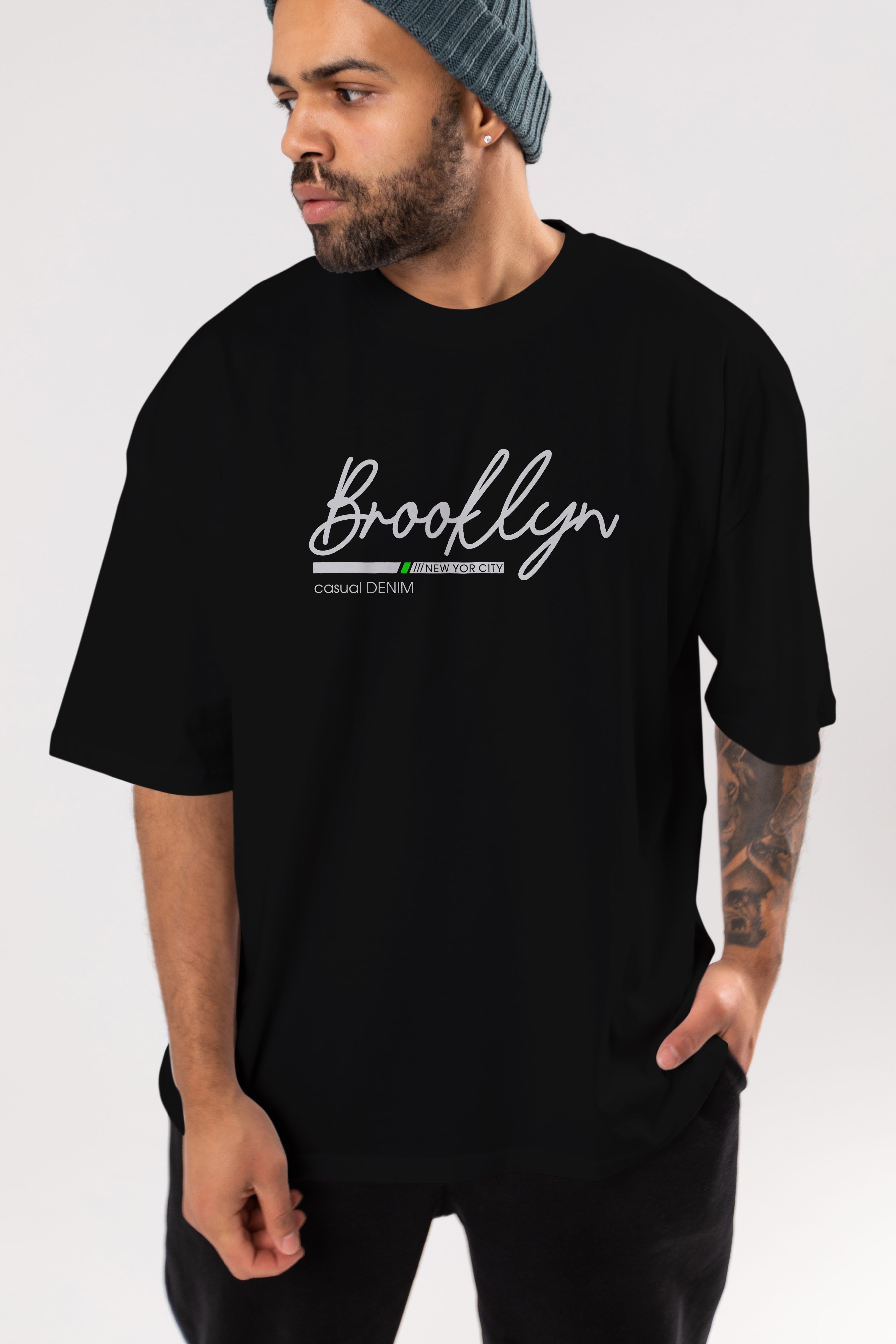 Brooklyn Denim Ön Baskılı Oversize t-shirt Erkek Kadın Unisex