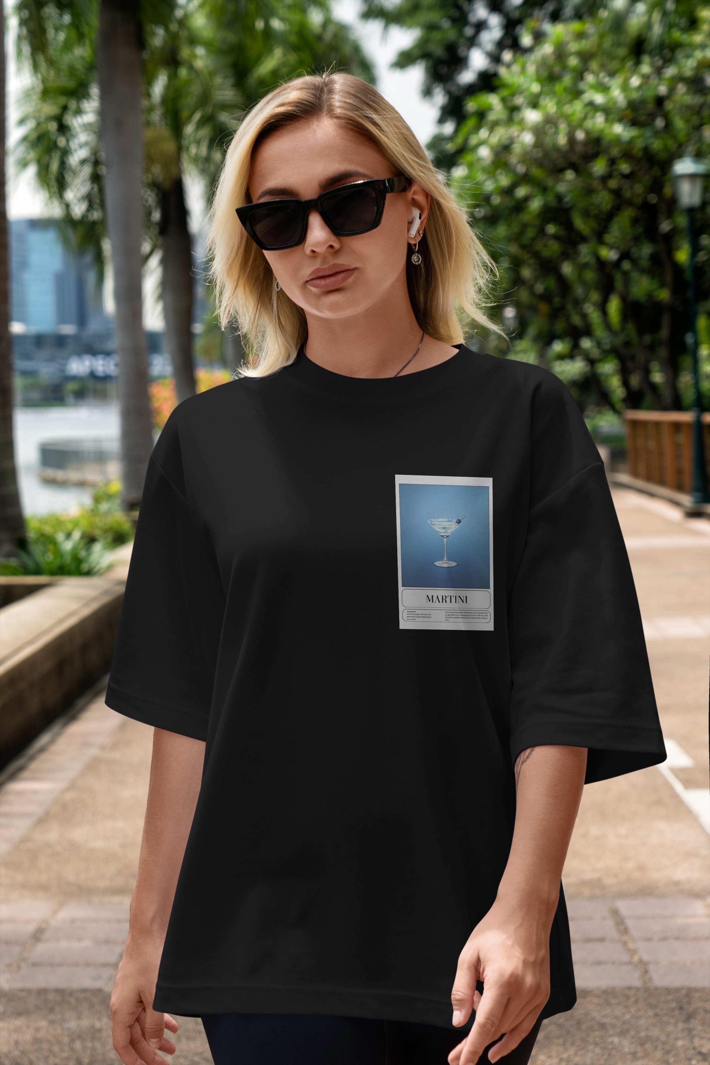 Martini Ön Sol Baskılı Oversize t-shirt Erkek Kadın Unisex %100 Pamuk Bisiklet Yaka tişort