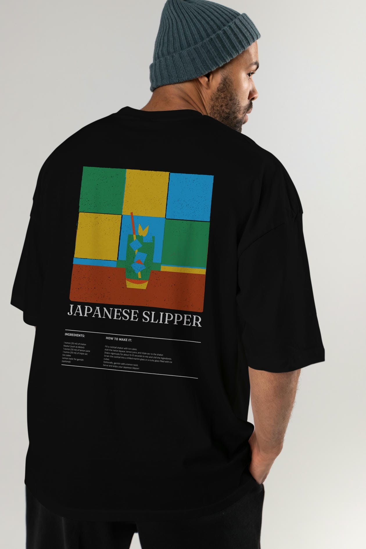 Japanese Slipper Kokteyl Serisi Arka Baskılı Oversize t-shirt Erkek Kadın %100 Pamuk Bisiklet Yaka tişort