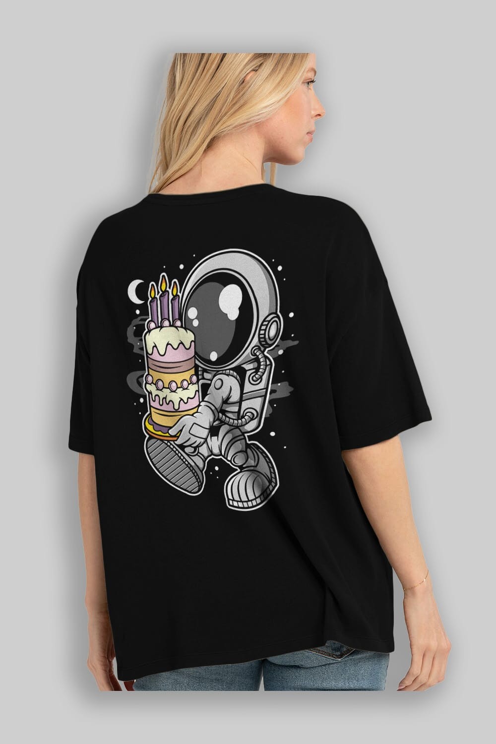 Astronaut Birthday Cake Arka Baskılı Oversize t-shirt Erkek Kadın Unisex