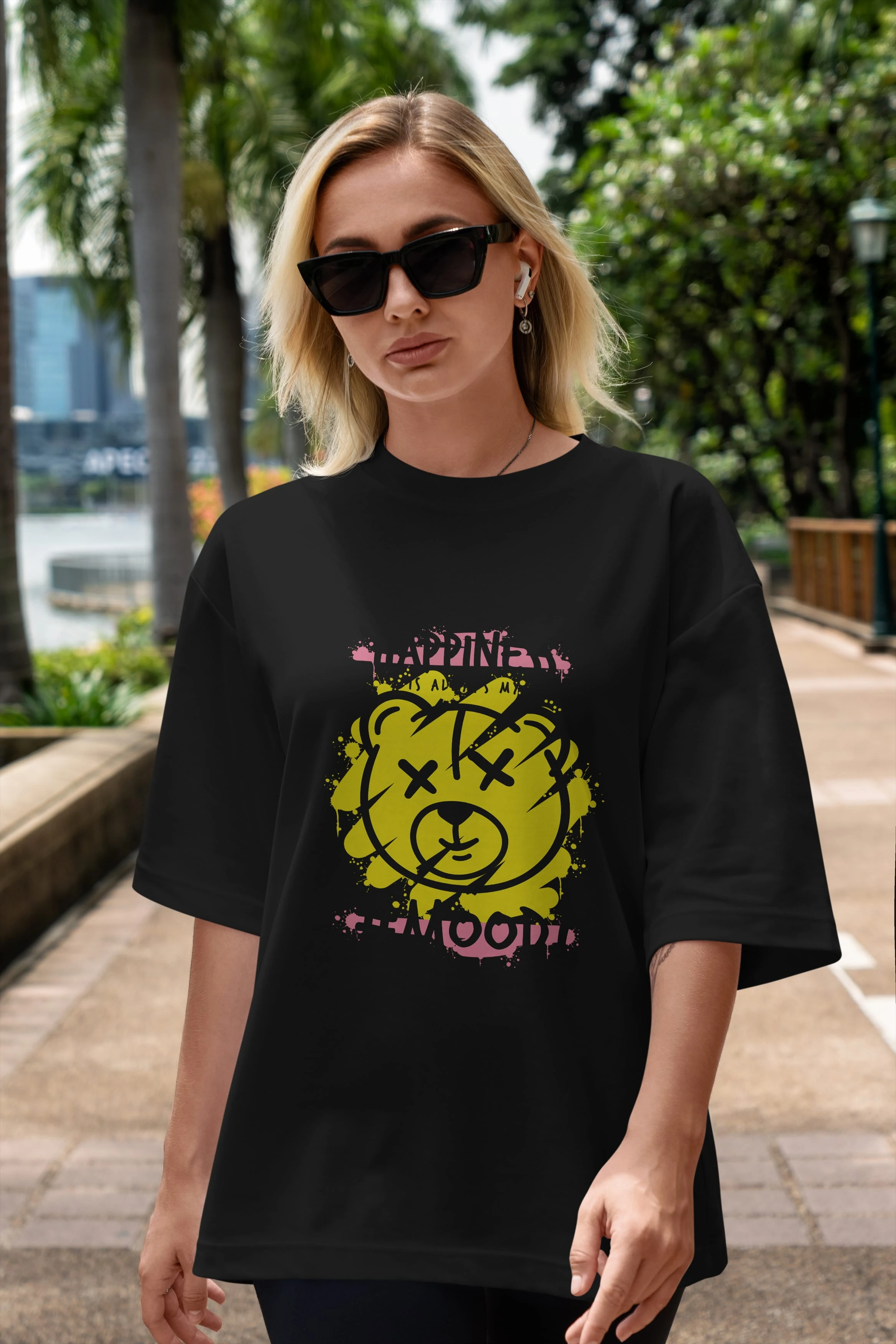 Happiness Mood Bear Ön Baskılı Oversize t-shirt Erkek Kadın Unisex