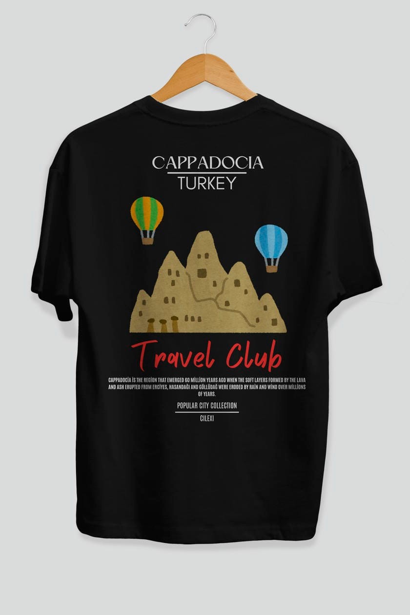 Cappadocia Turkey Arka Baskılı Oversize t-shirt Erkek Kadın Pamuk Bisiklet Yaka tişort