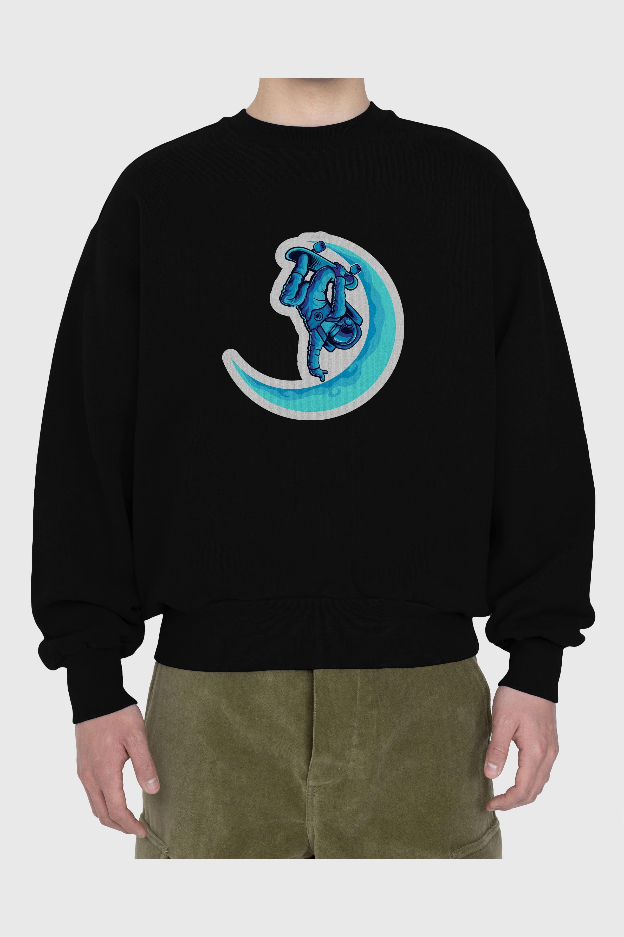 Skating on the moon sticker Ön Baskılı Oversize Sweatshirt Erkek Kadın Unisex
