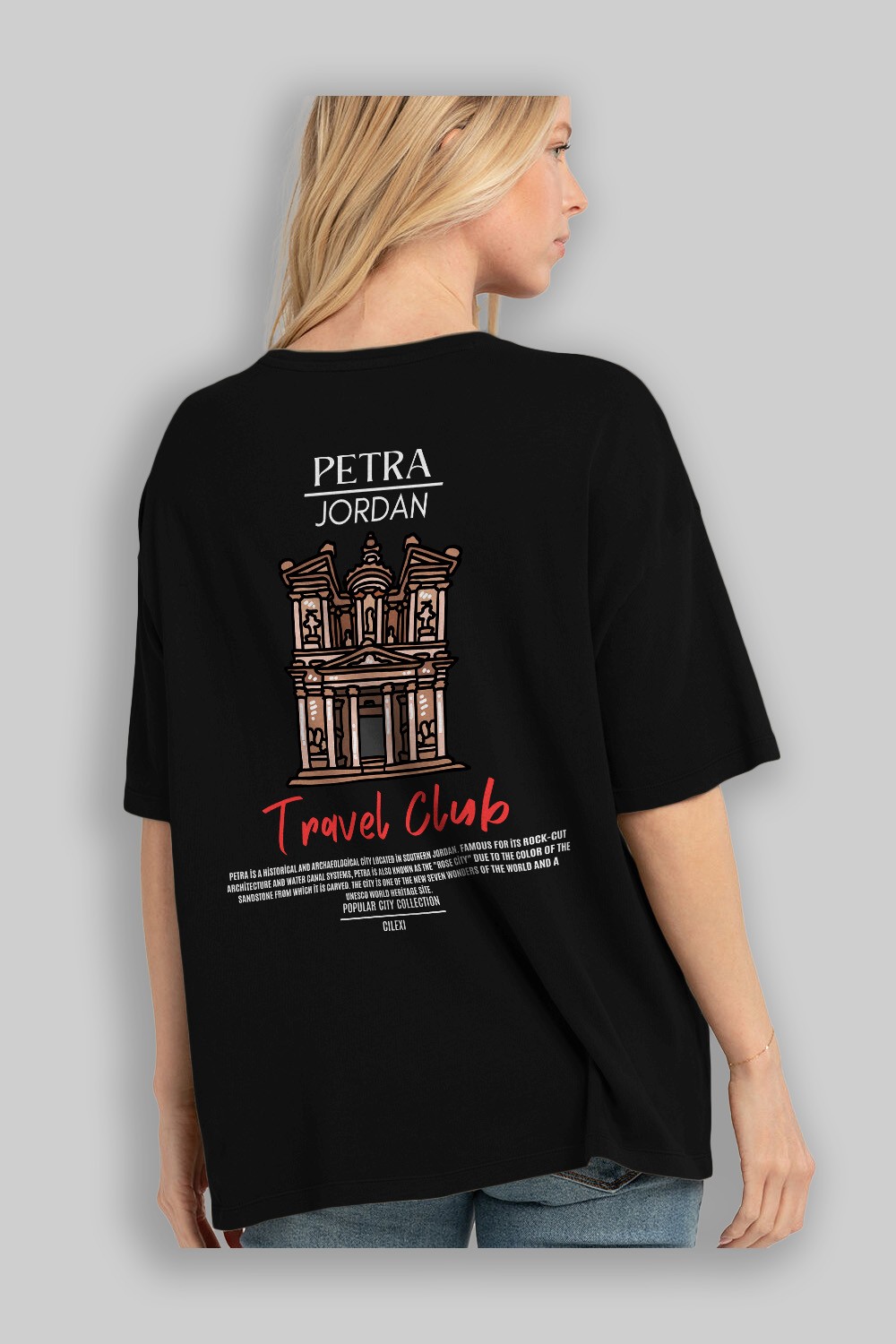 Petra Jordan Arka Baskılı Oversize t-shirt Erkek Kadın Pamuk Bisiklet Yaka tişort