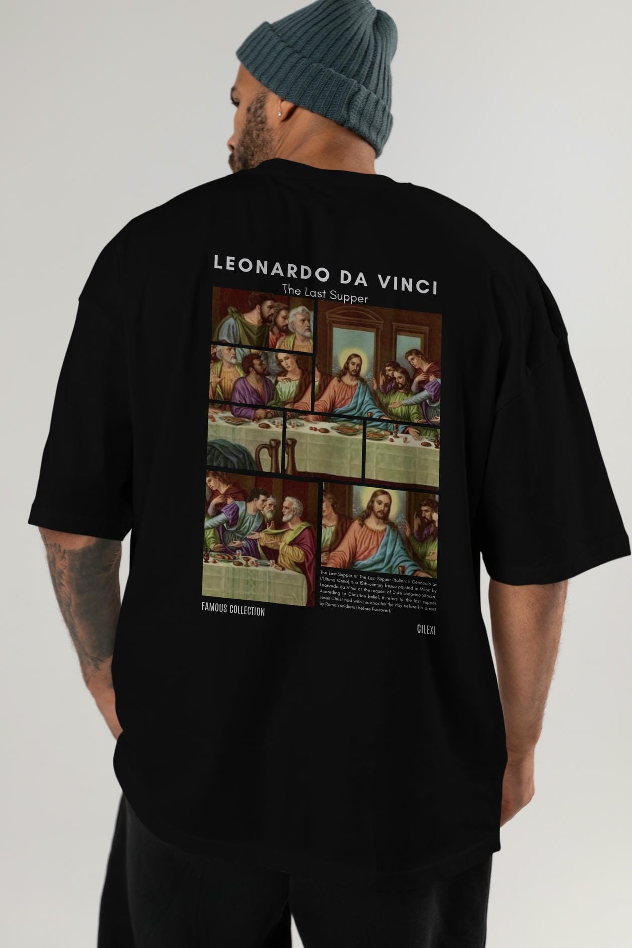 Leonardo Da Vinci Arka Baskılı Oversize t-shirt Erkek Kadın Bisiklet Yaka Pamuk tişort