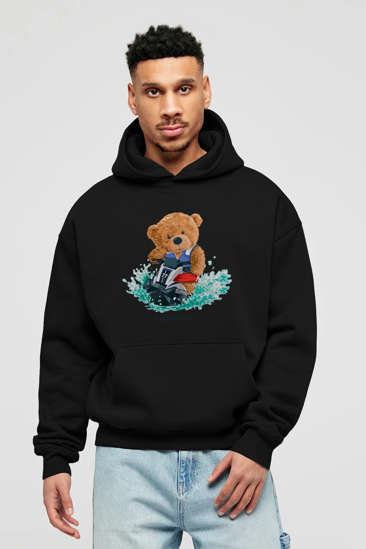 Teddy Bear Splash Up Ön Baskılı Hoodie Oversize Kapüşonlu Sweatshirt Erkek Kadın Unisex