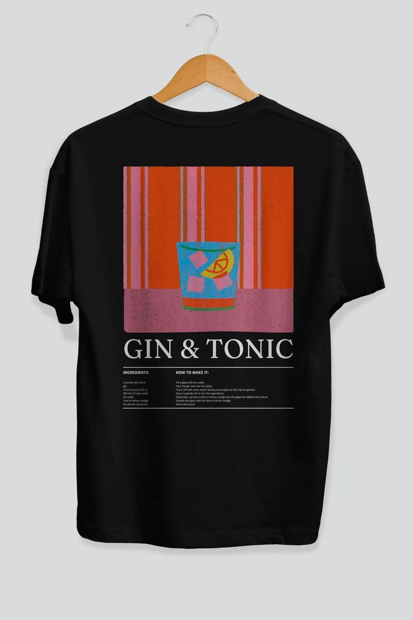 Gin Tonic Kokteyl Serisi Arka Baskılı Oversize t-shirt Erkek Kadın %100 Pamuk Bisiklet Yaka tişort