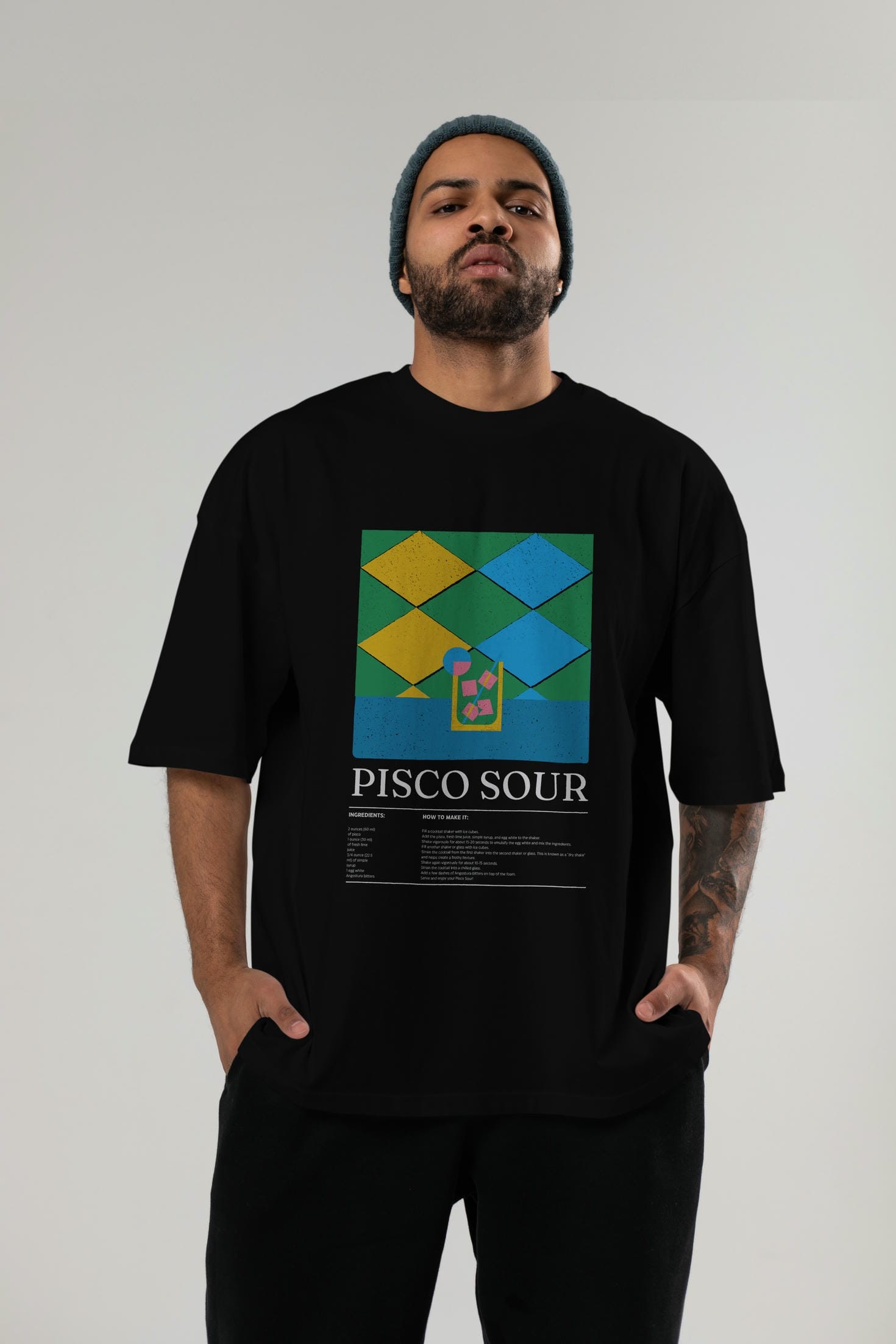 Pisco Sour Kokteyl Ön Baskılı Oversize t-shirt Erkek Kadın %100 Pamuk Bisiklet Yaka tişort