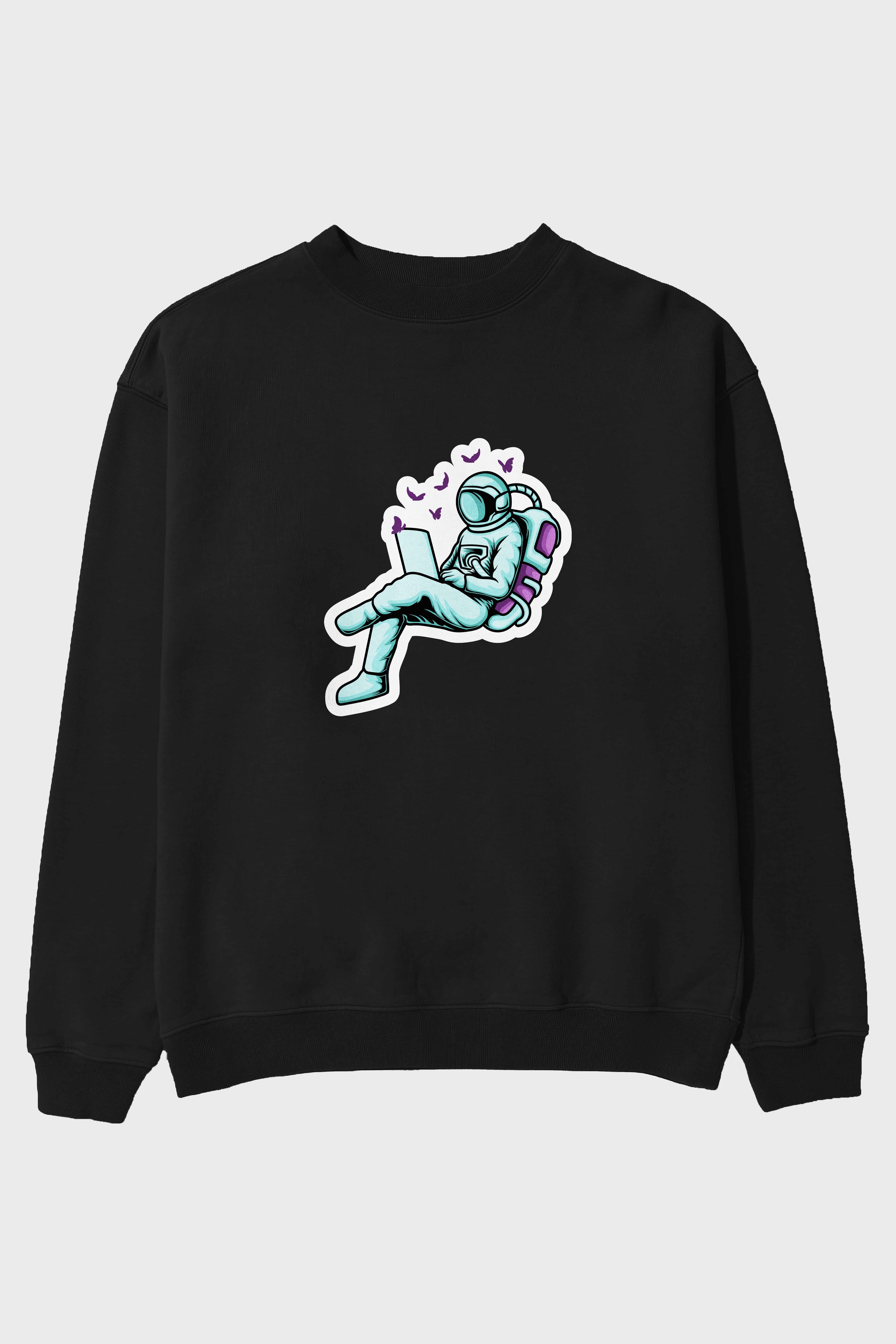Work with Butterflies in Space Sticker Ön Baskılı Oversize Sweatshirt Erkek Kadın Unisex