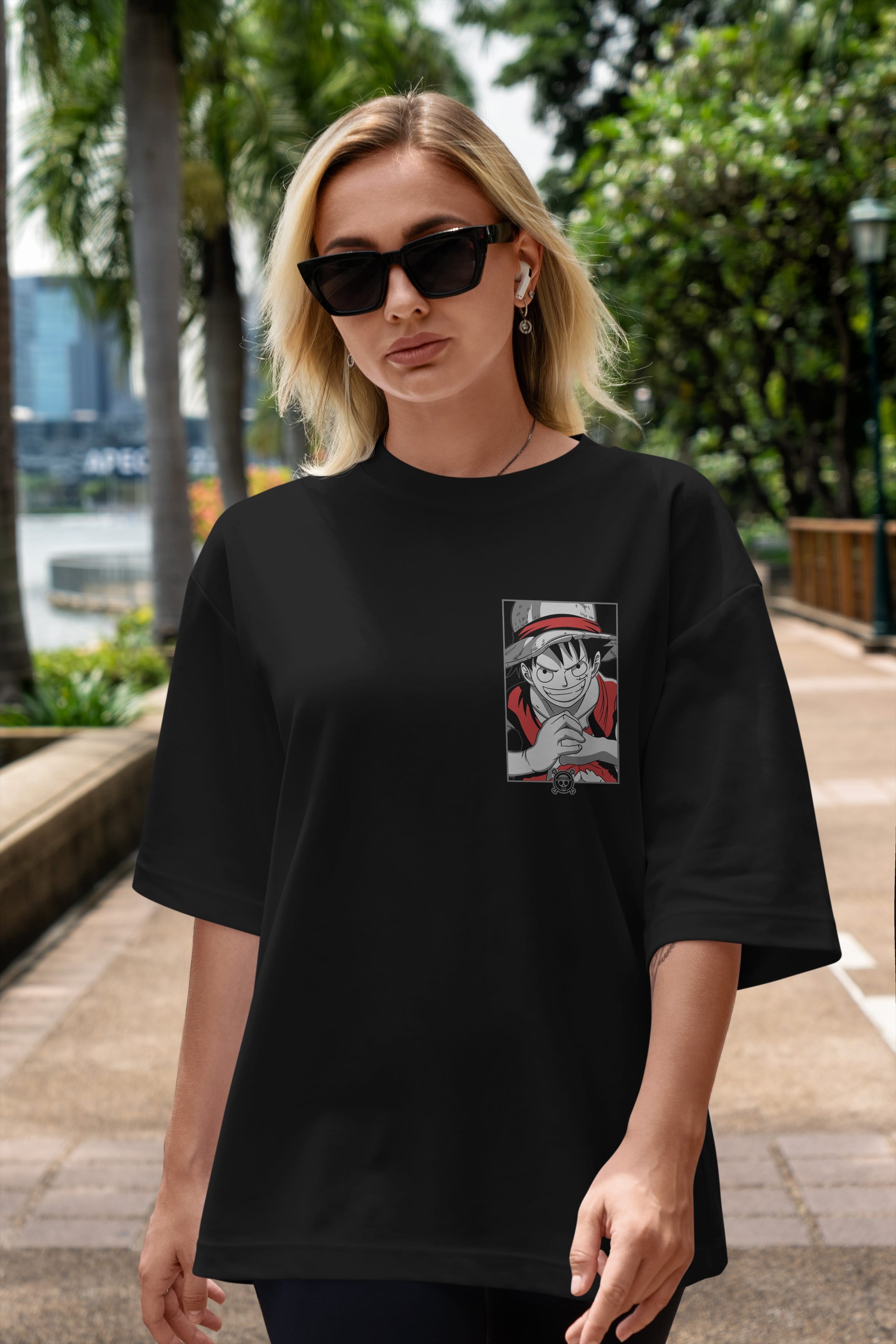 LUFF D. MONKEY OnePiece Ön Sol Baskılı Oversize t-shirt Erkek Kadın Unisex %100 Pamuk Bisiklet Yaka tişort