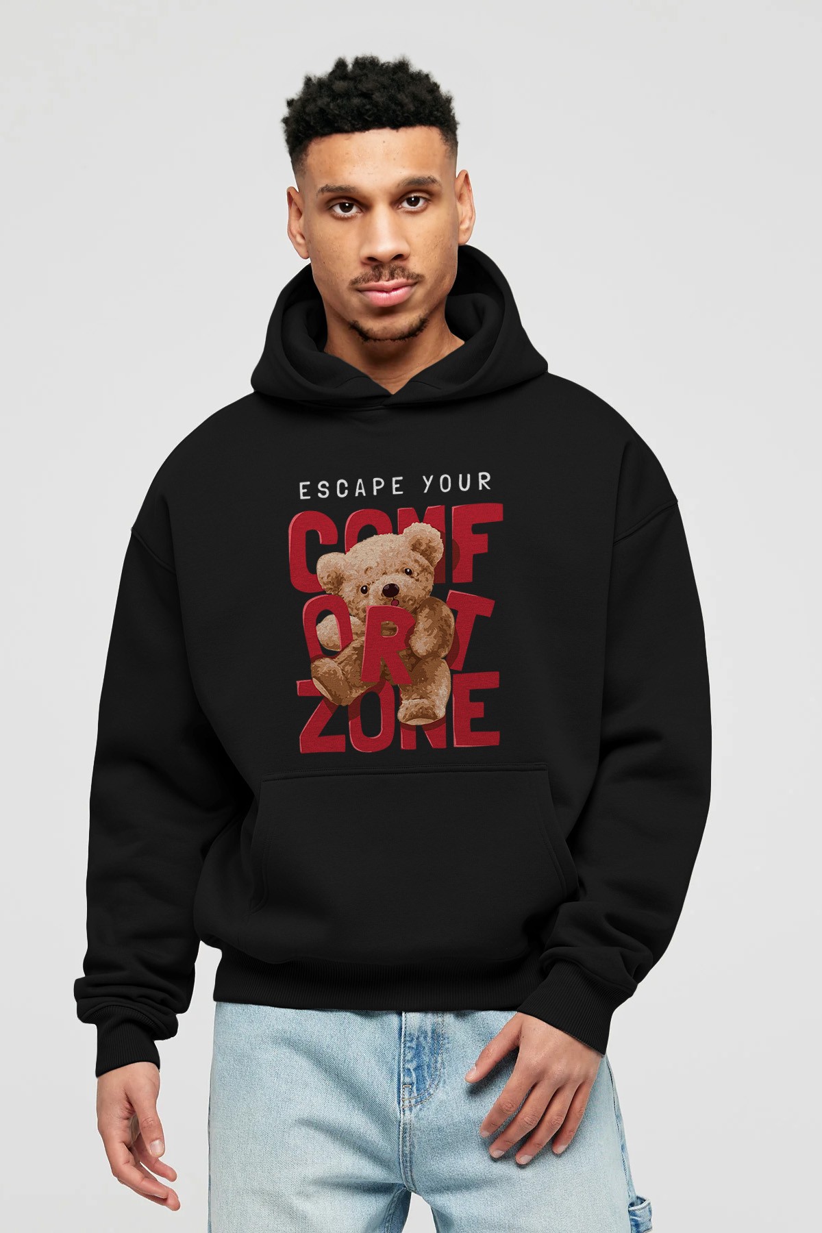 Teddy Bear Escape Comfort Zone Ön Baskılı Hoodie Oversize Kapüşonlu Sweatshirt Erkek Kadın Unisex