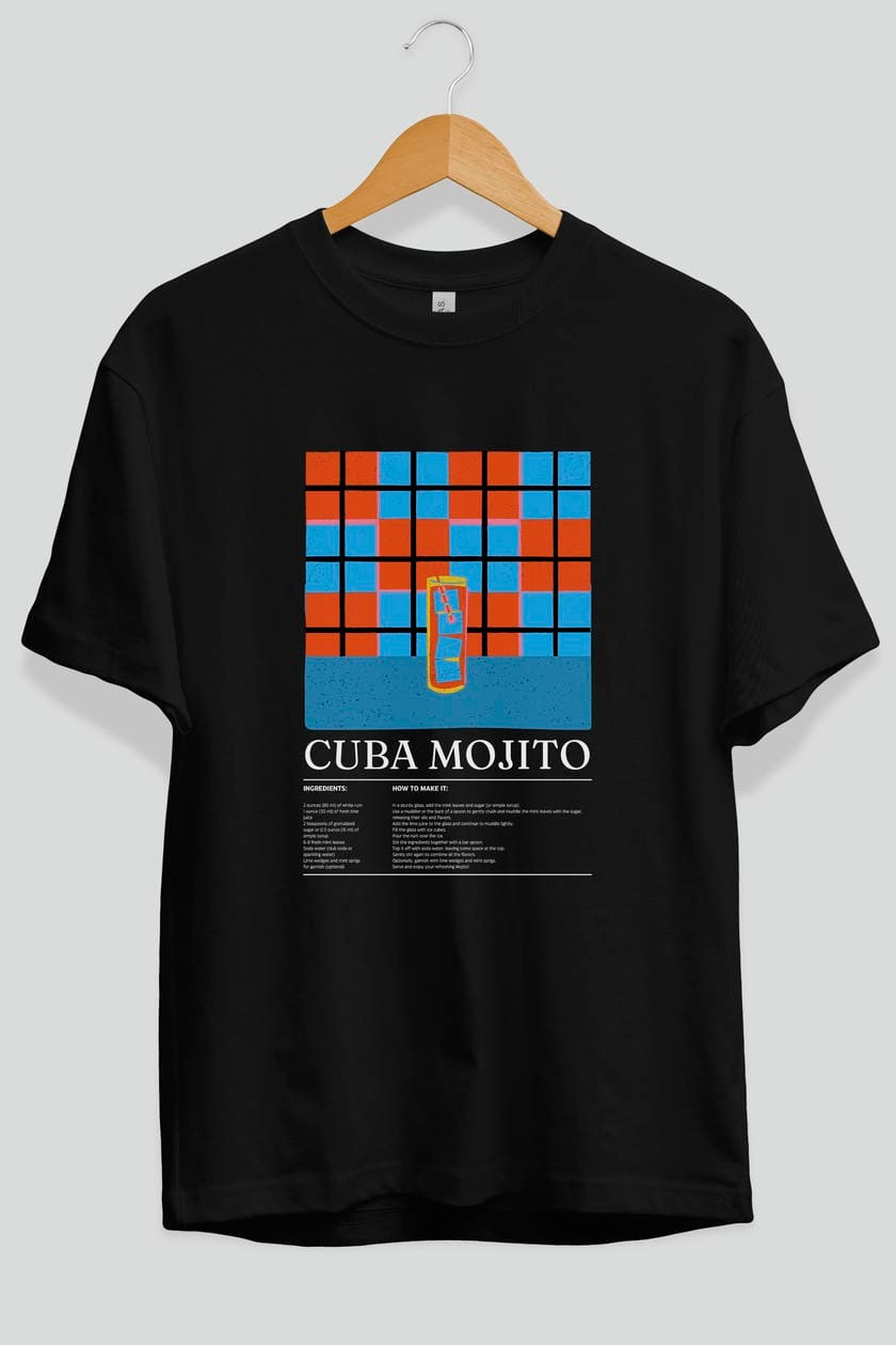 Cuba Mojito Kokteyl Ön Baskılı Oversize t-shirt Erkek Kadın %100 Pamuk Bisiklet Yaka tişort