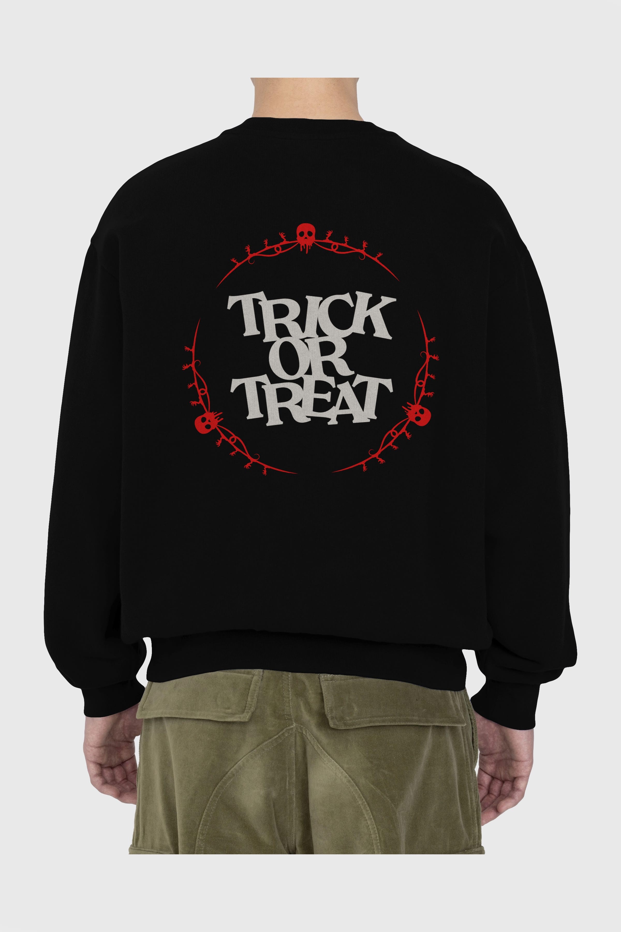 Trick or Treat Yazılı Arka Baskılı Oversize Sweatshirt Erkek Kadın Unisex