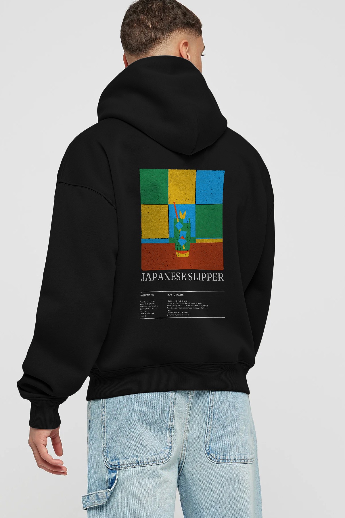 Japanese Slipper Kokteyl Arka Baskılı Hoodie Oversize Kapüşonlu Sweatshirt Erkek Kadın