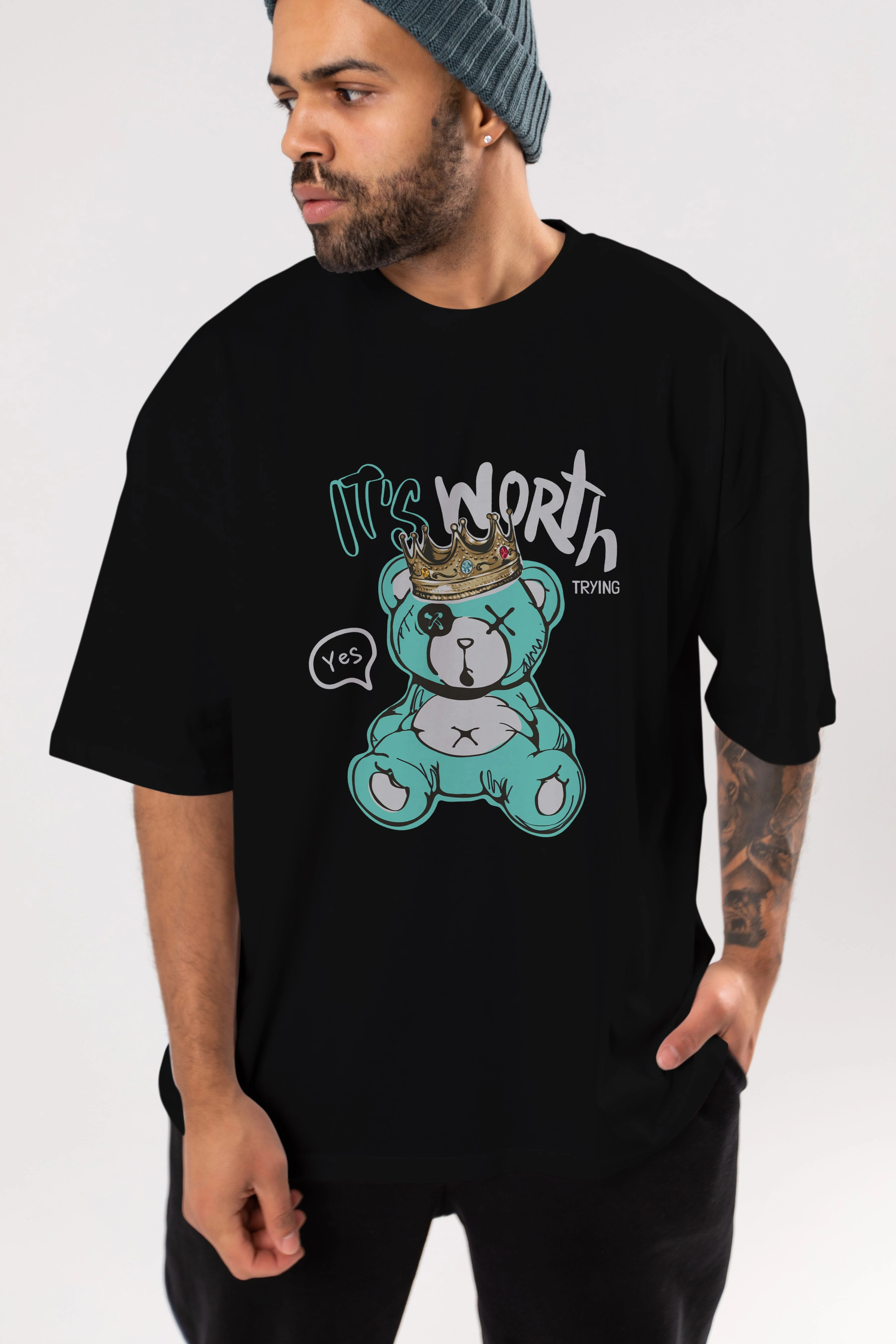 its Worth Trying Bear Ön Baskılı Oversize t-shirt Erkek Kadın Unisex