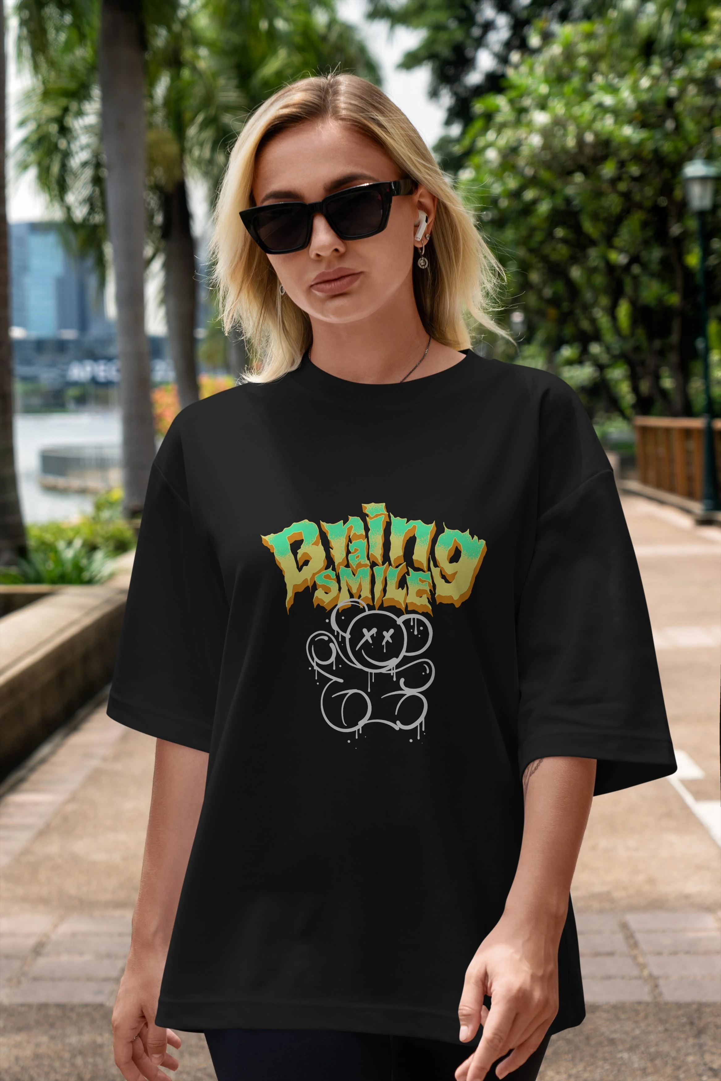 Teddy Bear Braing Smile Ön Baskılı Oversize t-shirt Erkek Kadın Unisex