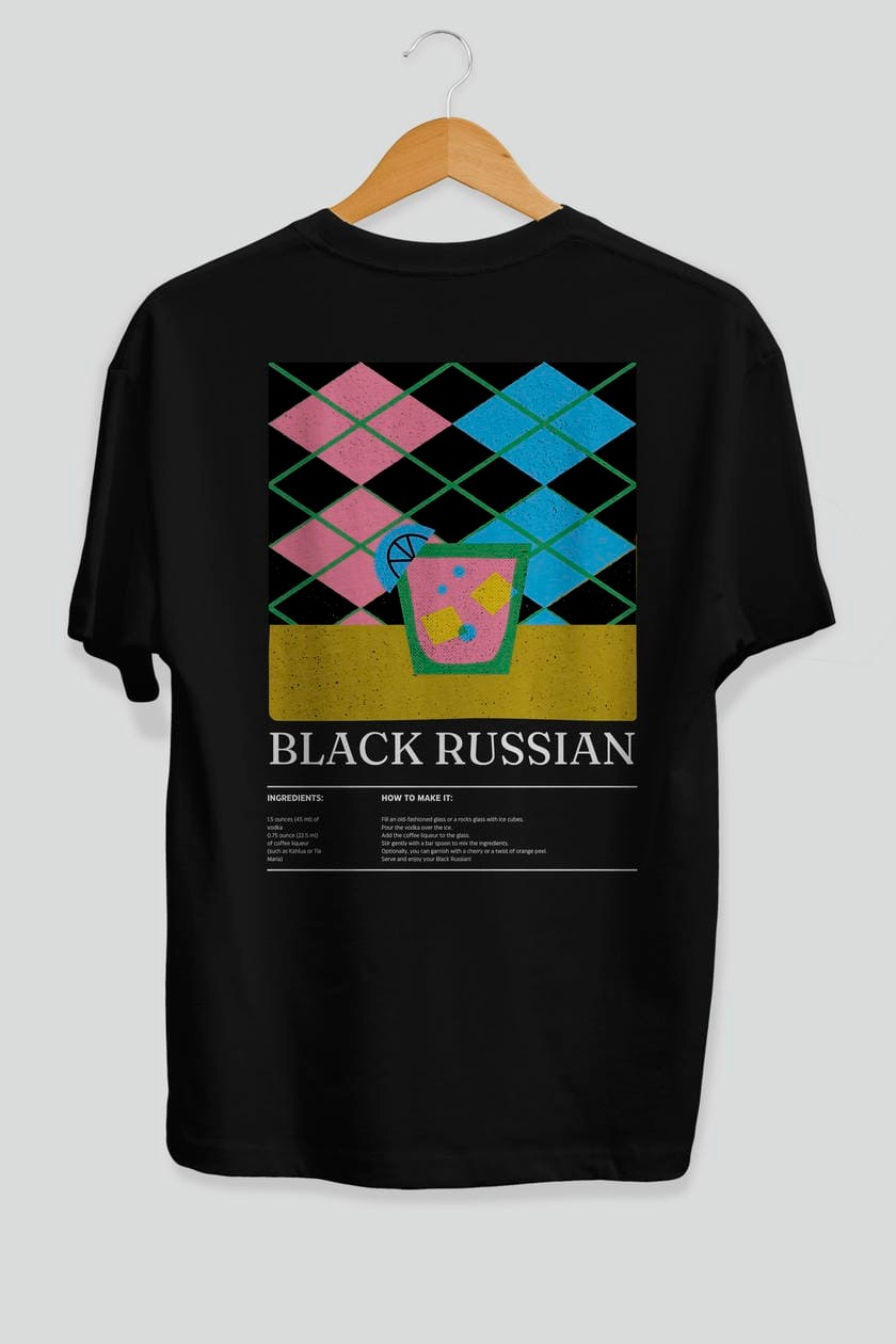Black Russian Kokteyl Serisi Arka Baskılı Oversize t-shirt Erkek Kadın %100 Pamuk Bisiklet Yaka tişort