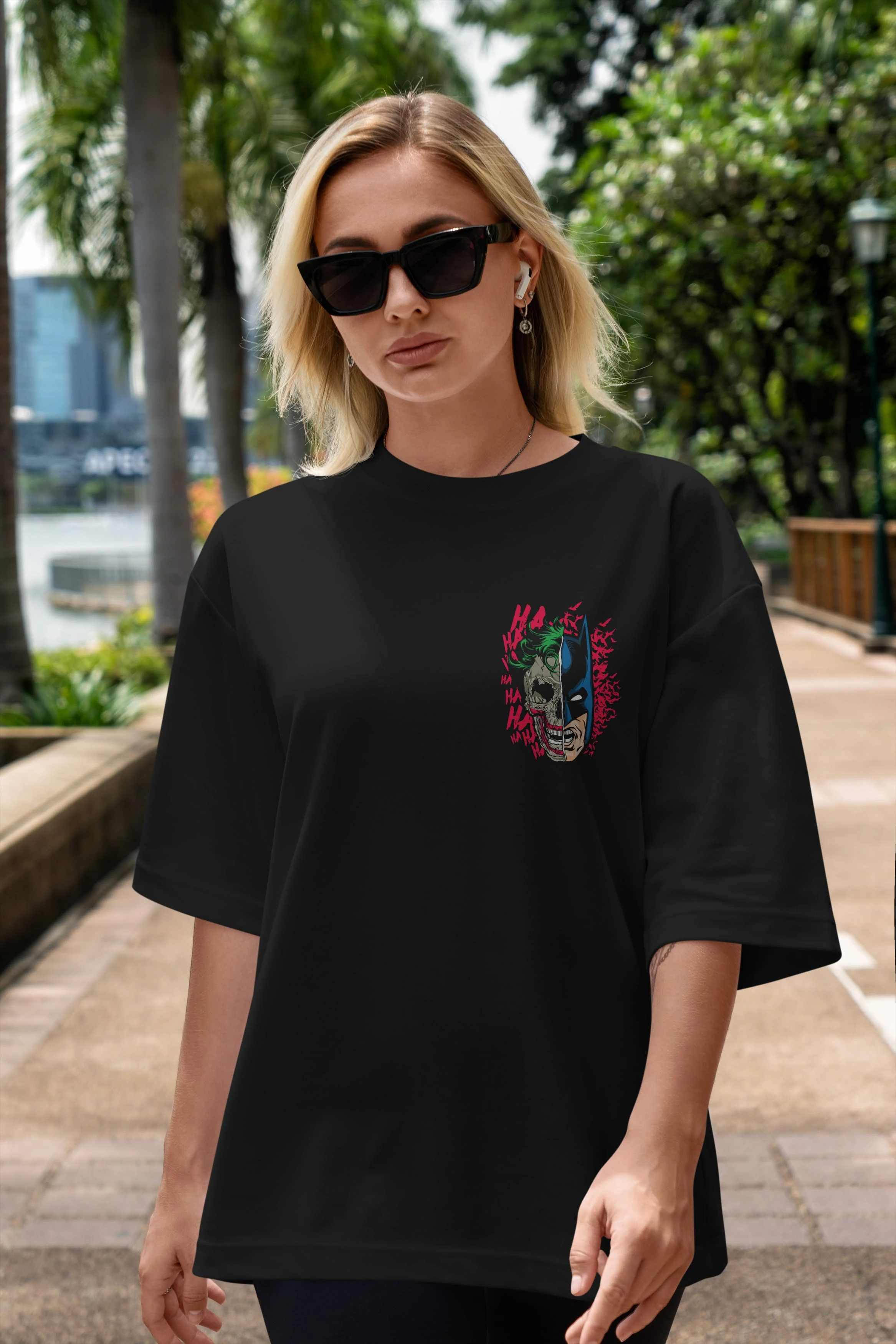 Joker Batman Ön Sol Baskılı Oversize t-shirt Erkek Kadın Unisex %100 Pamuk Bisiklet Yaka tişort