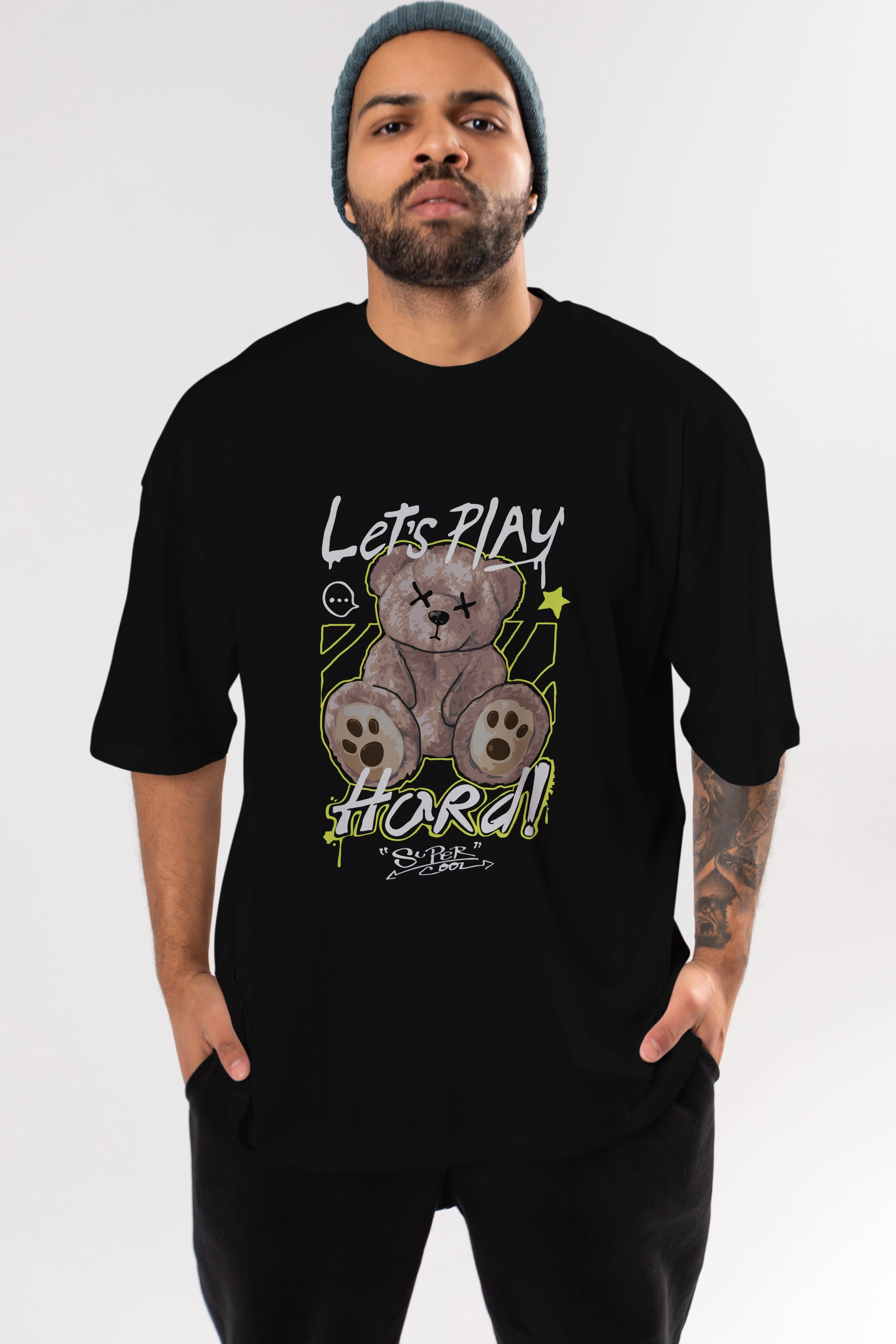 Lets Play Hard Bear Ön Baskılı Oversize t-shirt Erkek Kadın Unisex