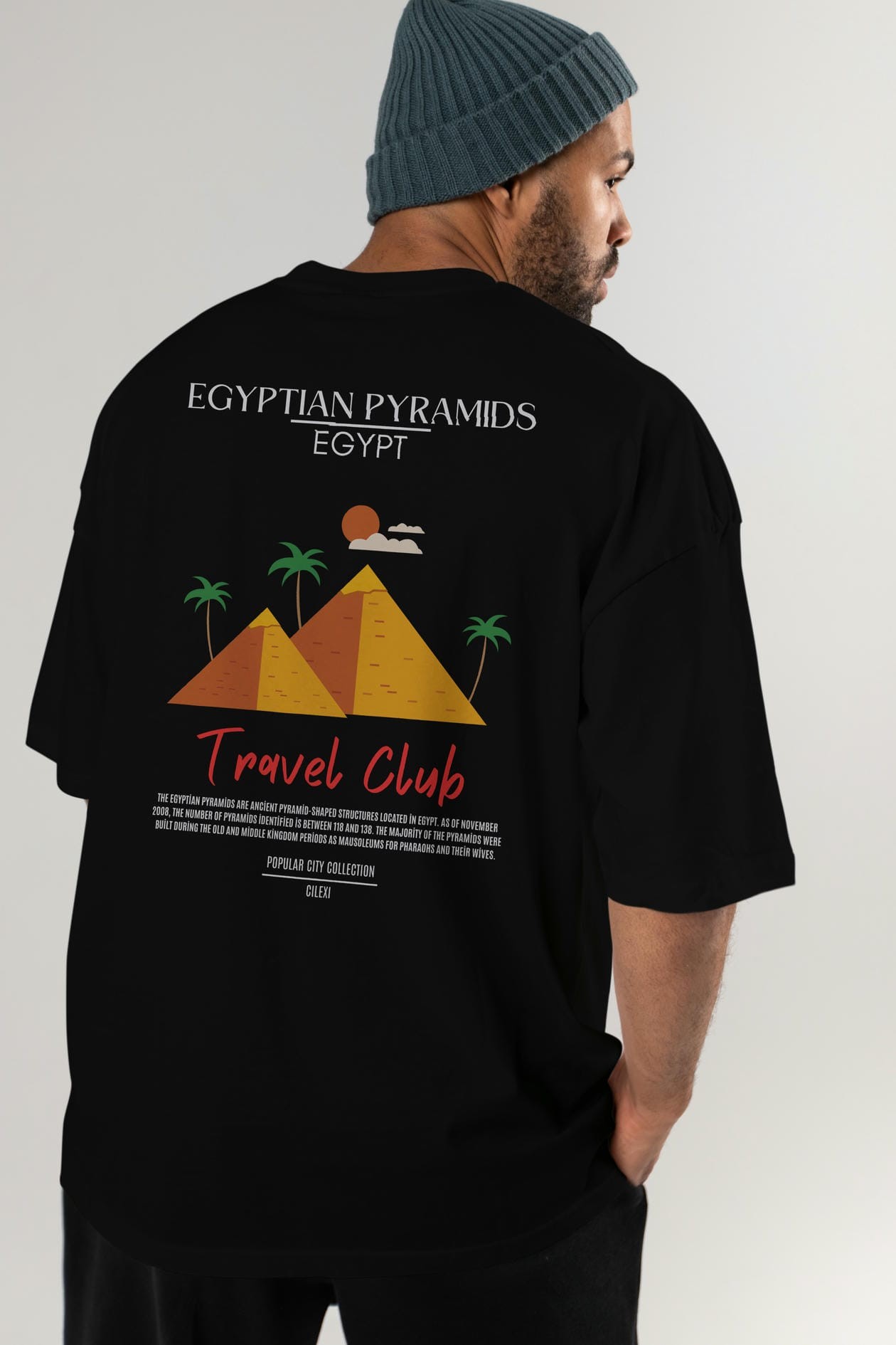 Egyptian Pyramids Egypt Arka Baskılı Oversize t-shirt Erkek Kadın Pamuk Bisiklet Yaka tişort