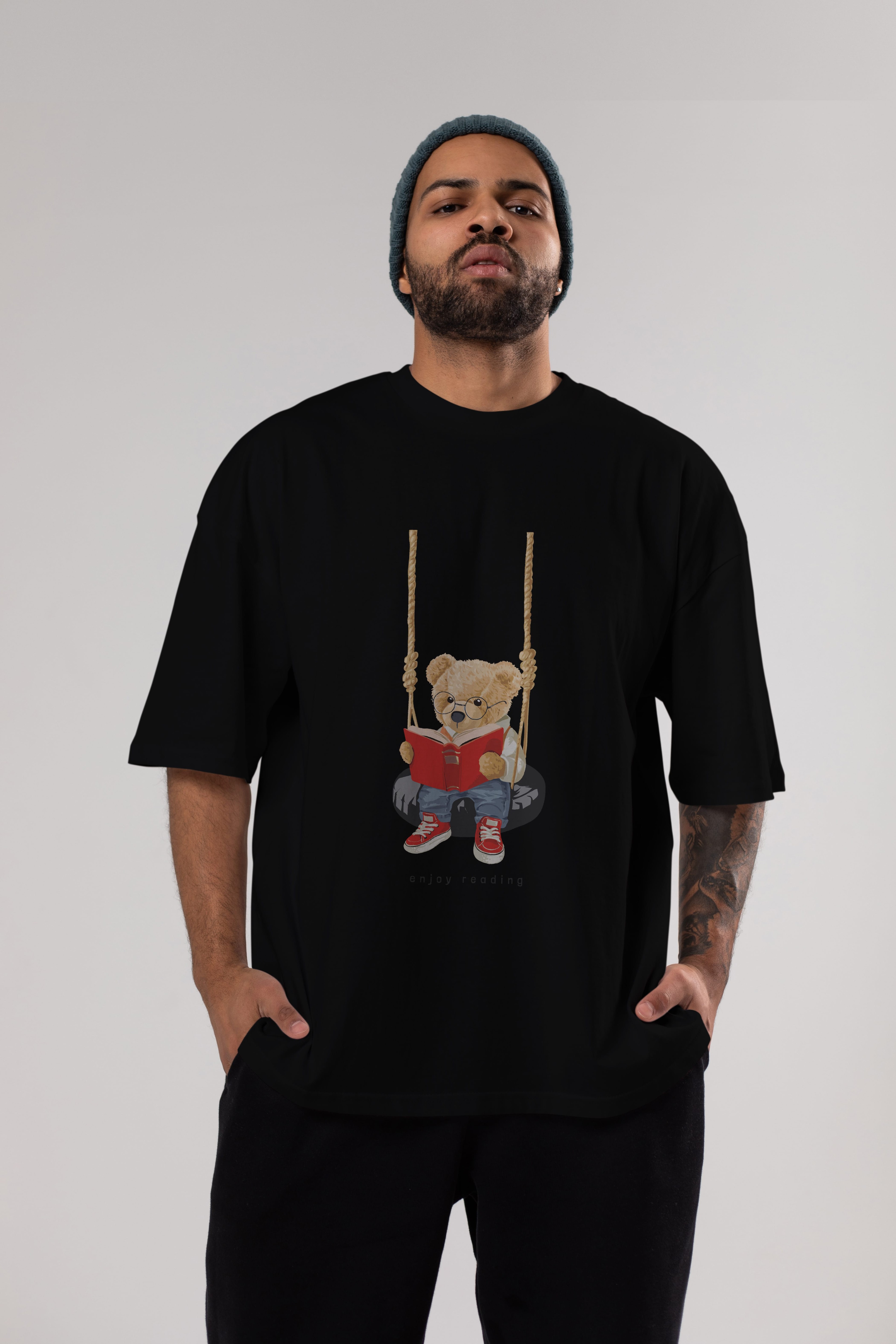 Teddy Bear Enjoy Reading Ön Baskılı Oversize t-shirt Erkek Kadın Unisex %100 Pamuk