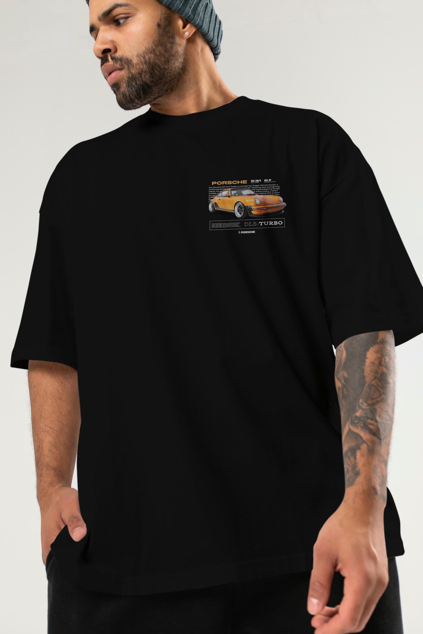 PORSCHE DLS-TURBO Ön Sol Baskılı Oversize t-shirt Erkek Kadın Unisex %100 Pamuk Bisiklet Yaka tişort