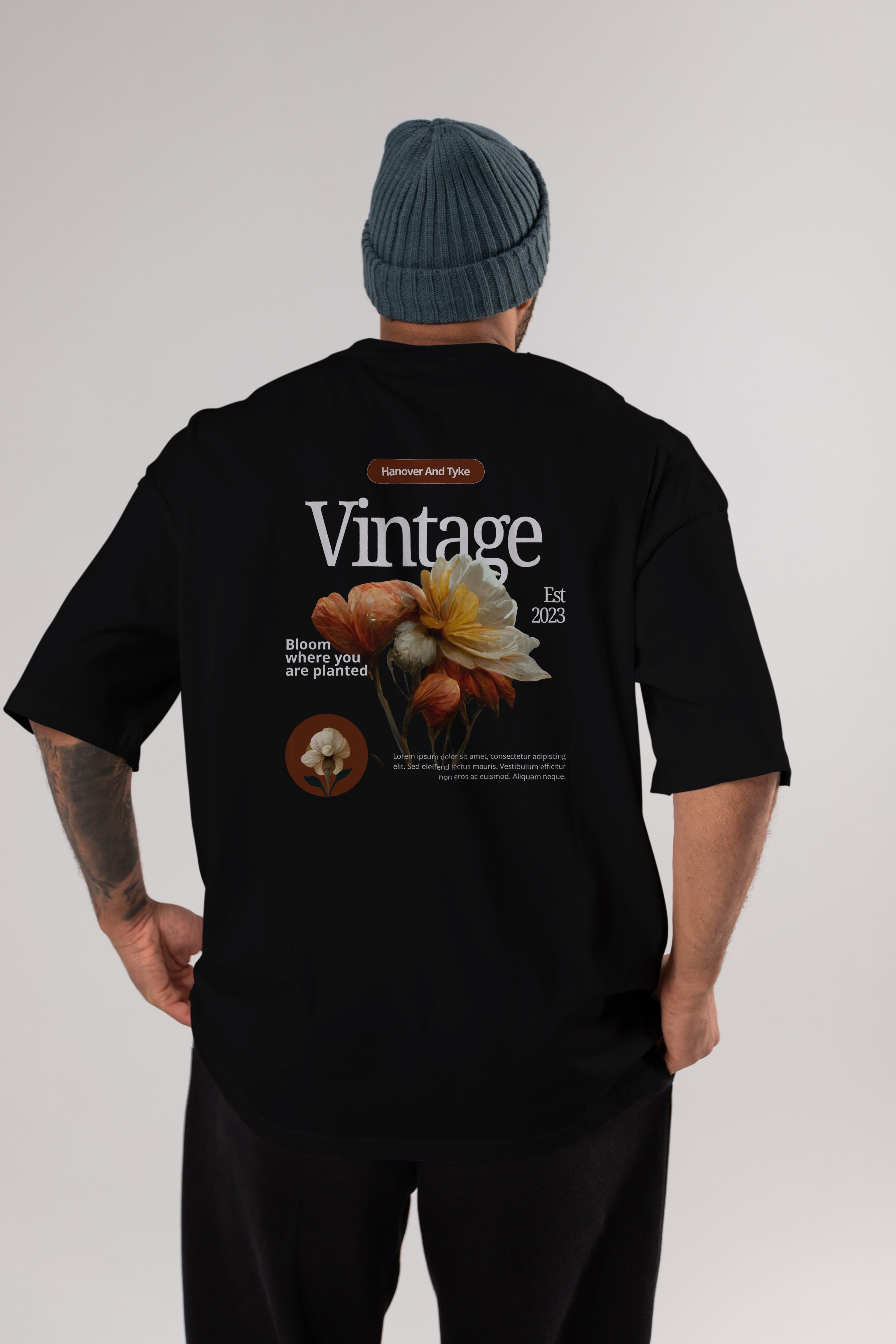 Vintage Çiçek Arka Baskılı Oversize t-shirt Erkek Kadın Unisex