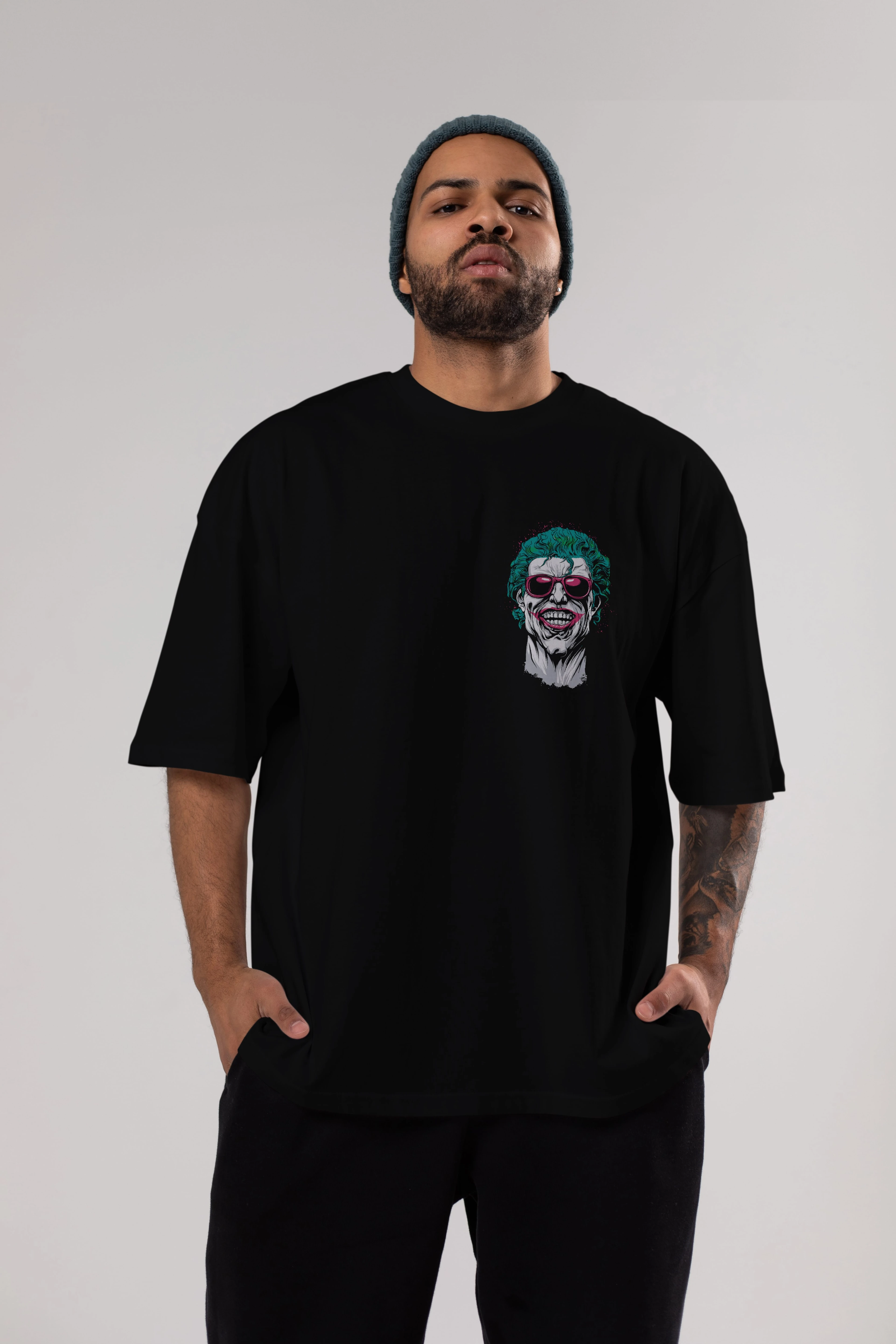 Joker 1 Ön Sol Baskılı Oversize t-shirt Erkek Kadın Unisex %100 Pamuk Bisiklet Yaka tişort