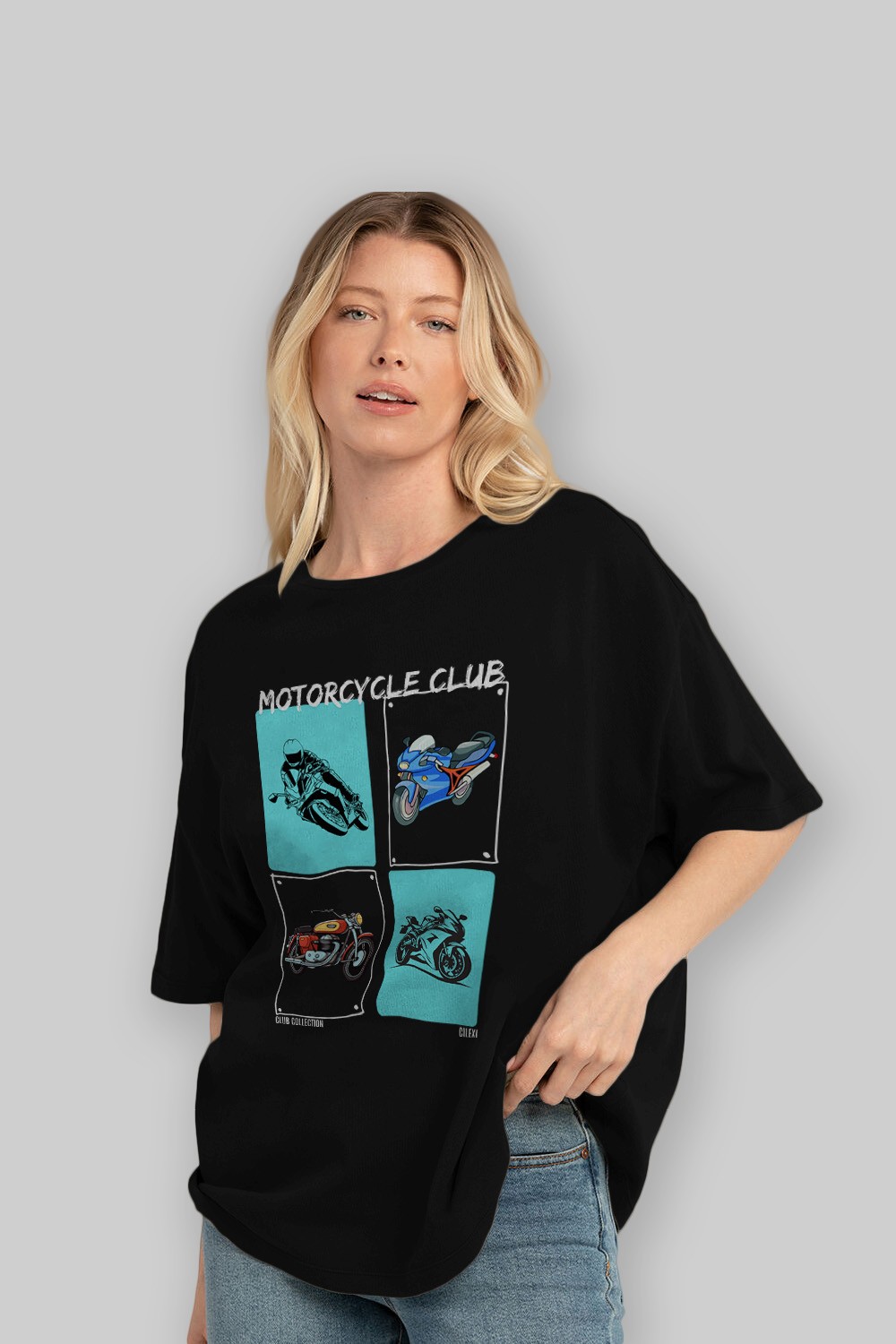 Motorcycle Club ön Baskılı Oversize t-shirt Erkek Kadın %100 Pamuk Bisiklet Yaka tişort