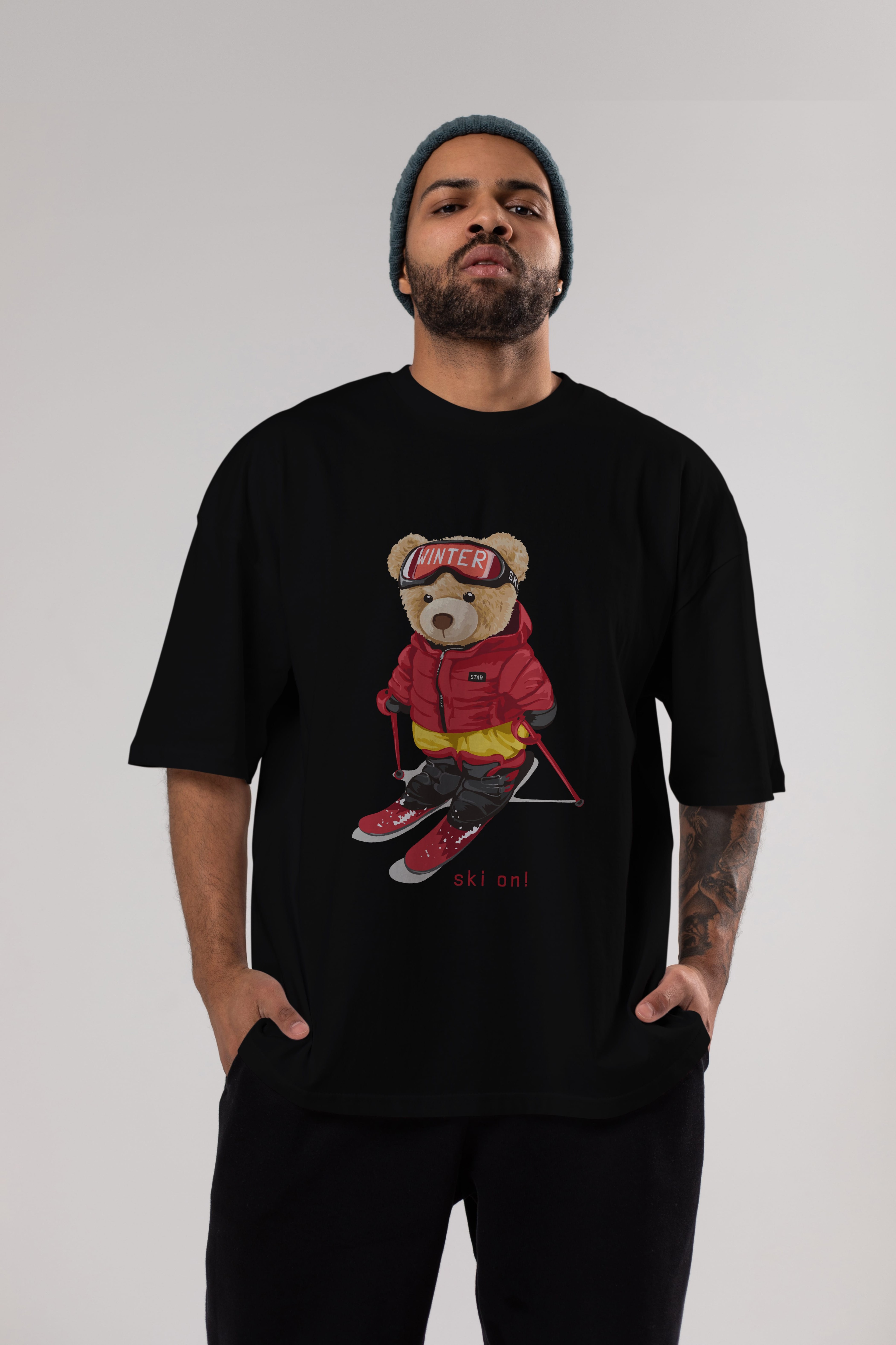 Teddy Bear Ski On Ön Baskılı Oversize t-shirt Erkek Kadın Unisex %100 Pamuk