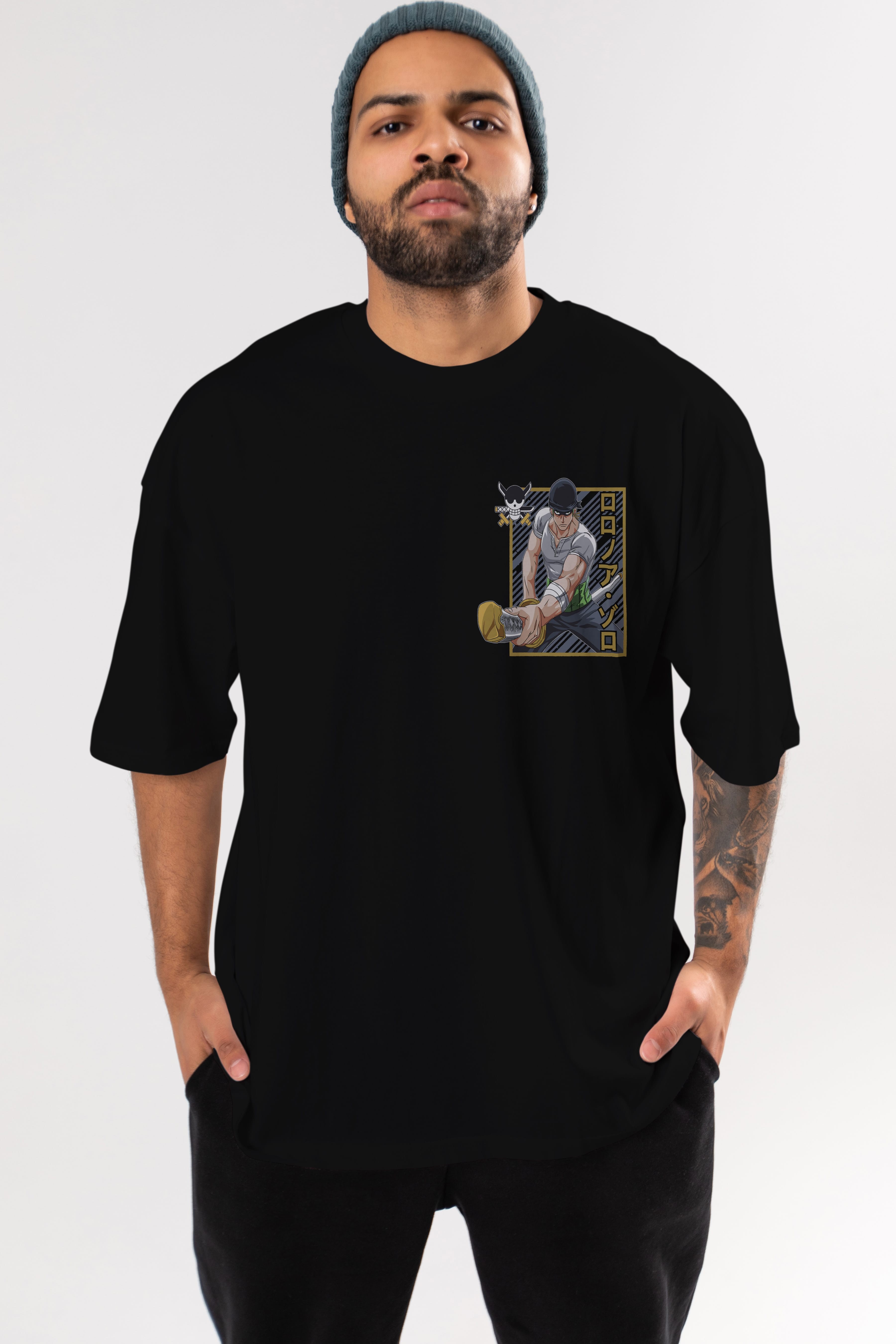 RORONOA ZORO Ön Sol Baskılı Oversize t-shirt Erkek Kadın Unisex %100 Pamuk Bisiklet Yaka tişort