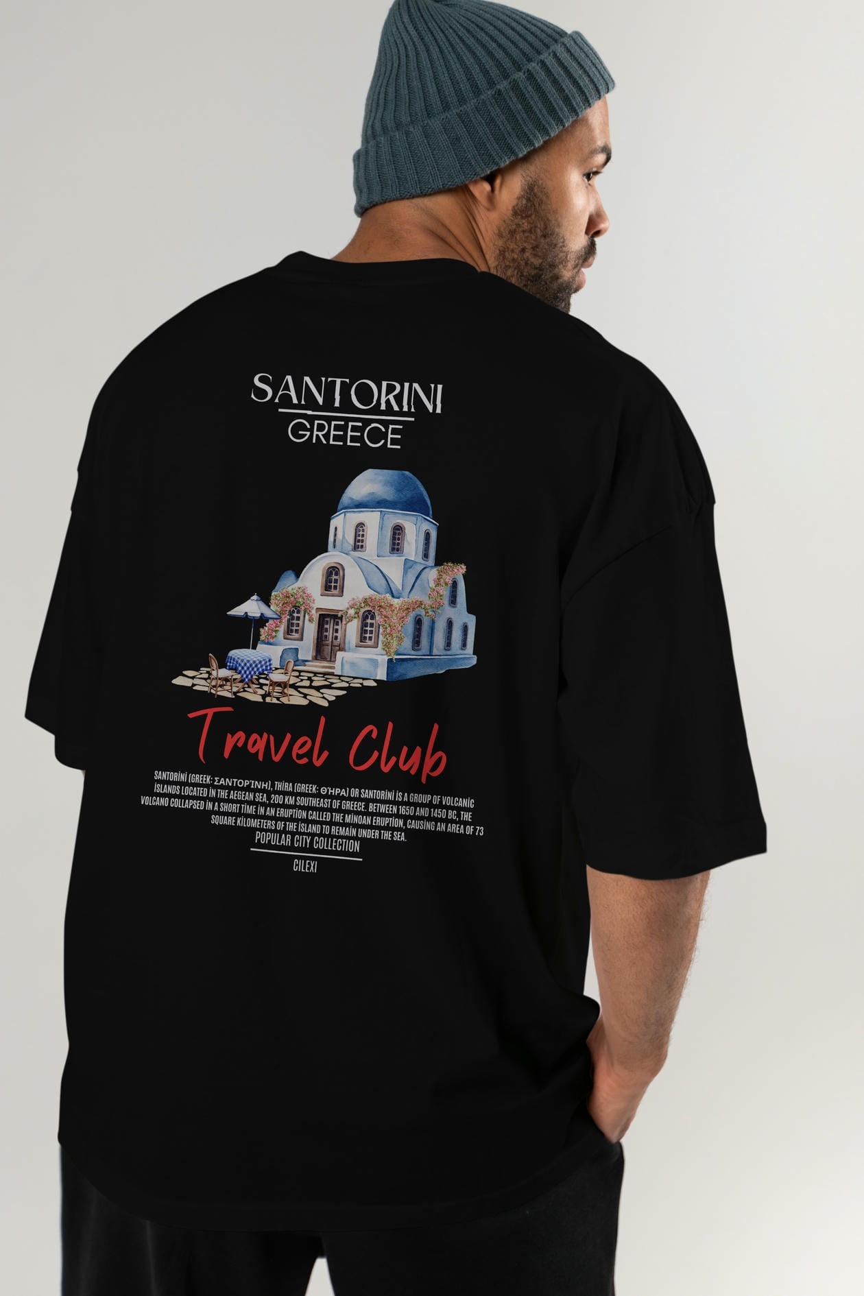Santorini Greece Arka Baskılı Oversize t-shirt Erkek Kadın Pamuk Bisiklet Yaka tişort