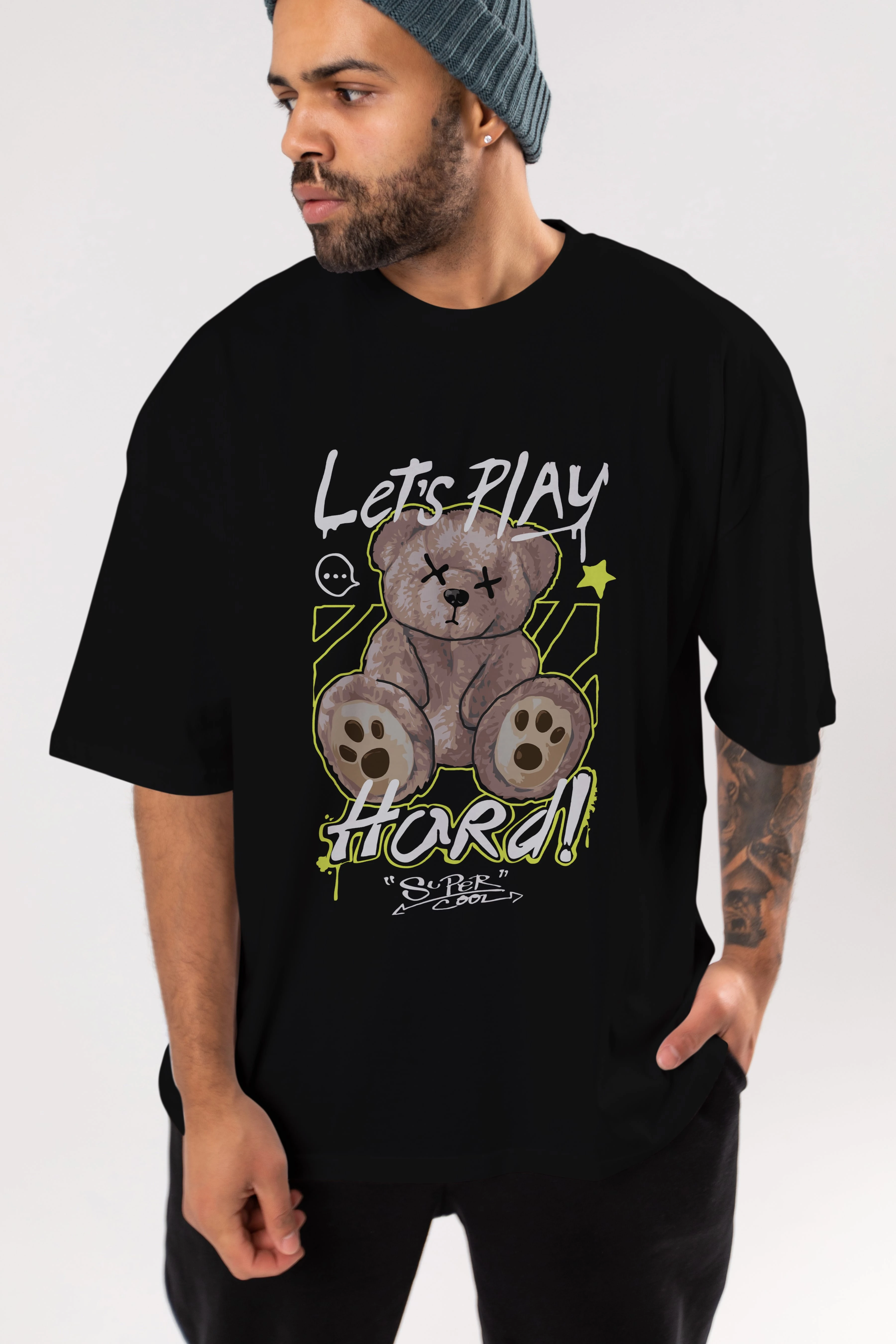 Lets Play Hard Bear Ön Baskılı Oversize t-shirt Erkek Kadın Unisex