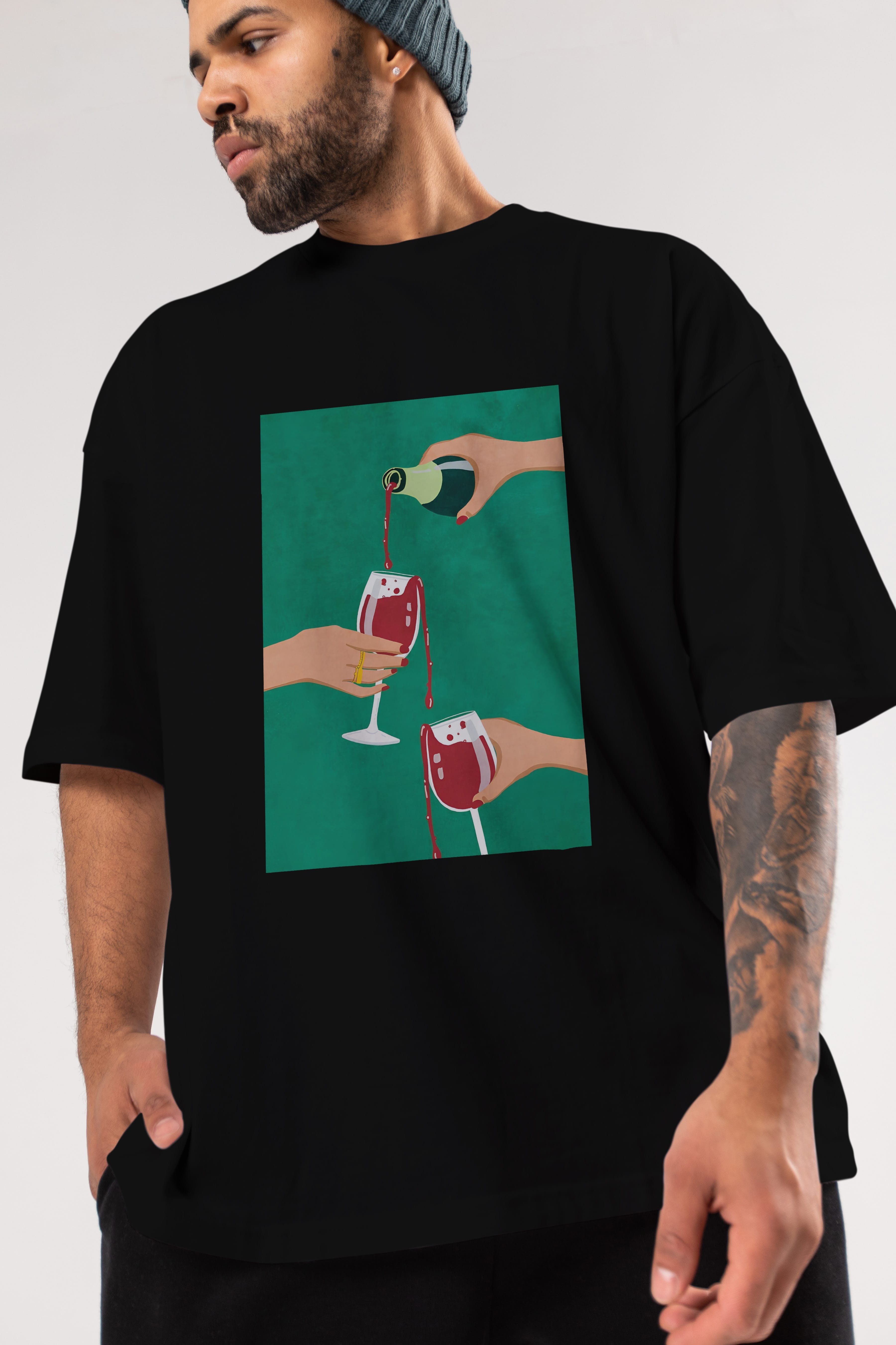 Wine 2 Ön Baskılı Oversize t-shirt Erkek Kadın Unisex %100 Pamuk Bisiklet Yaka tişort