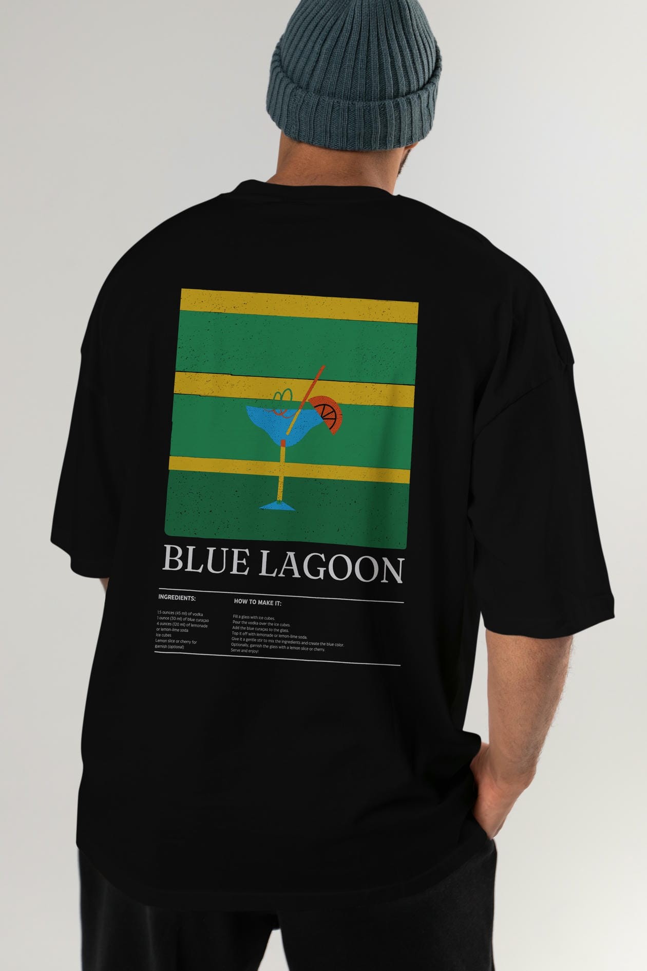 Blue Lagoon Kokteyl Serisi Arka Baskılı Oversize t-shirt Erkek Kadın %100 Pamuk Bisiklet Yaka tişort