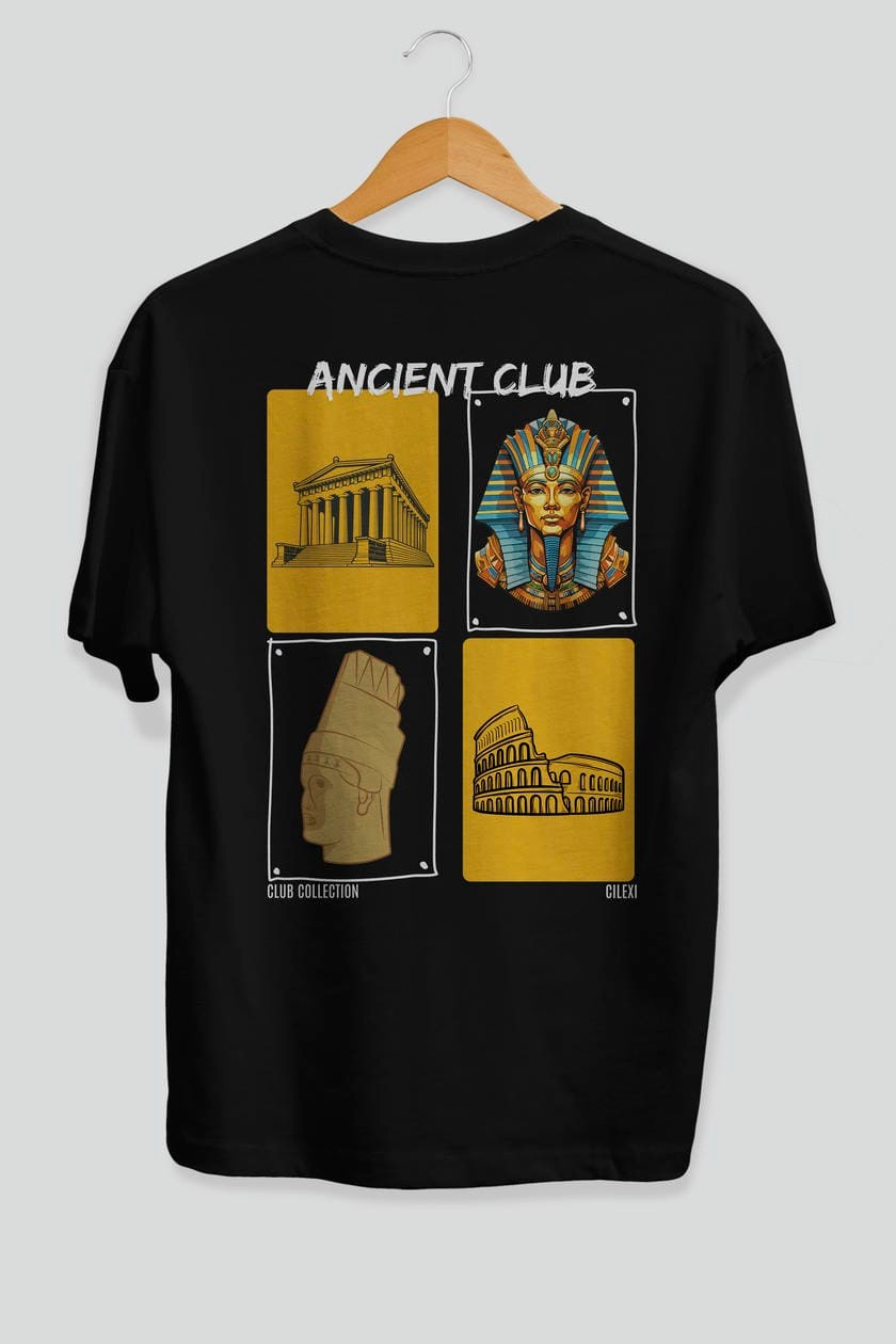 Ancient Club Arka Baskılı Oversize t-shirt Erkek Kadın %100 Pamuk Bisiklet Yaka tişort