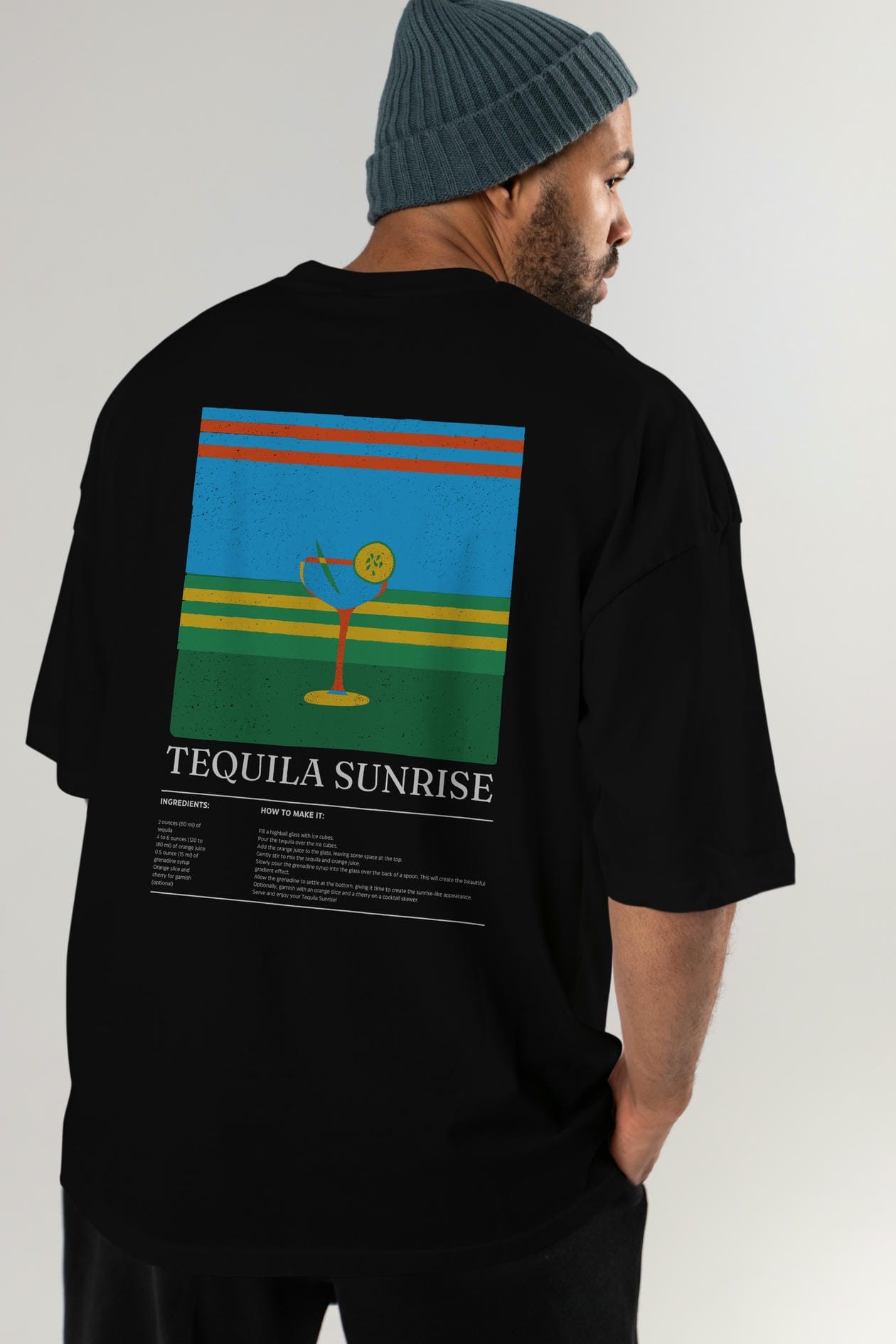 Tequila Sunrise Kokteyl Serisi Arka Baskılı Oversize t-shirt Erkek Kadın %100 Pamuk Bisiklet Yaka tişort