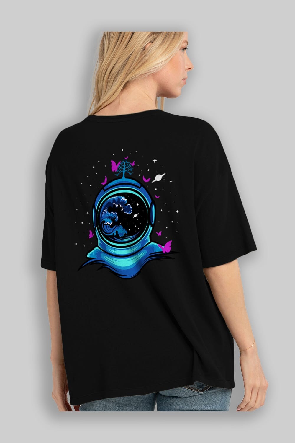 Astronaut and Butterfly Arka Baskılı Oversize t-shirt Erkek Kadın Unisex