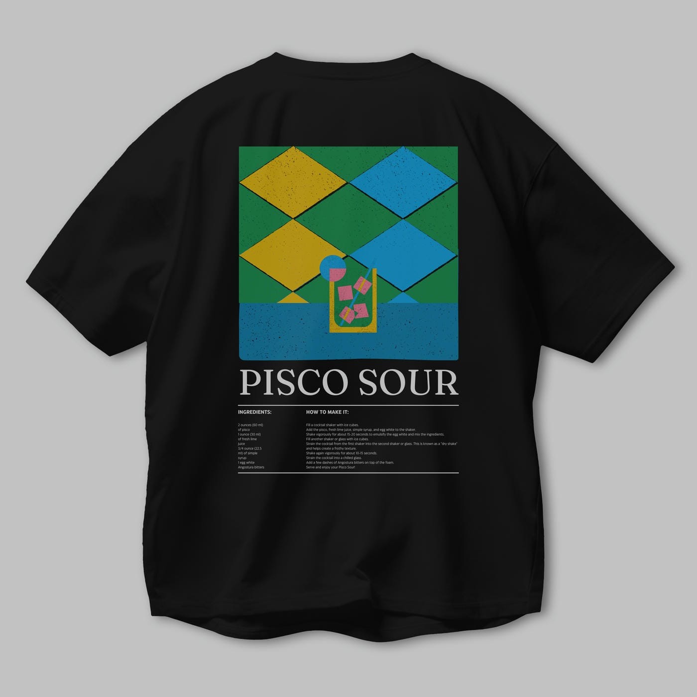 Pisco Sour Kokteyl Serisi Arka Baskılı Oversize t-shirt Erkek Kadın %100 Pamuk Bisiklet Yaka tişort